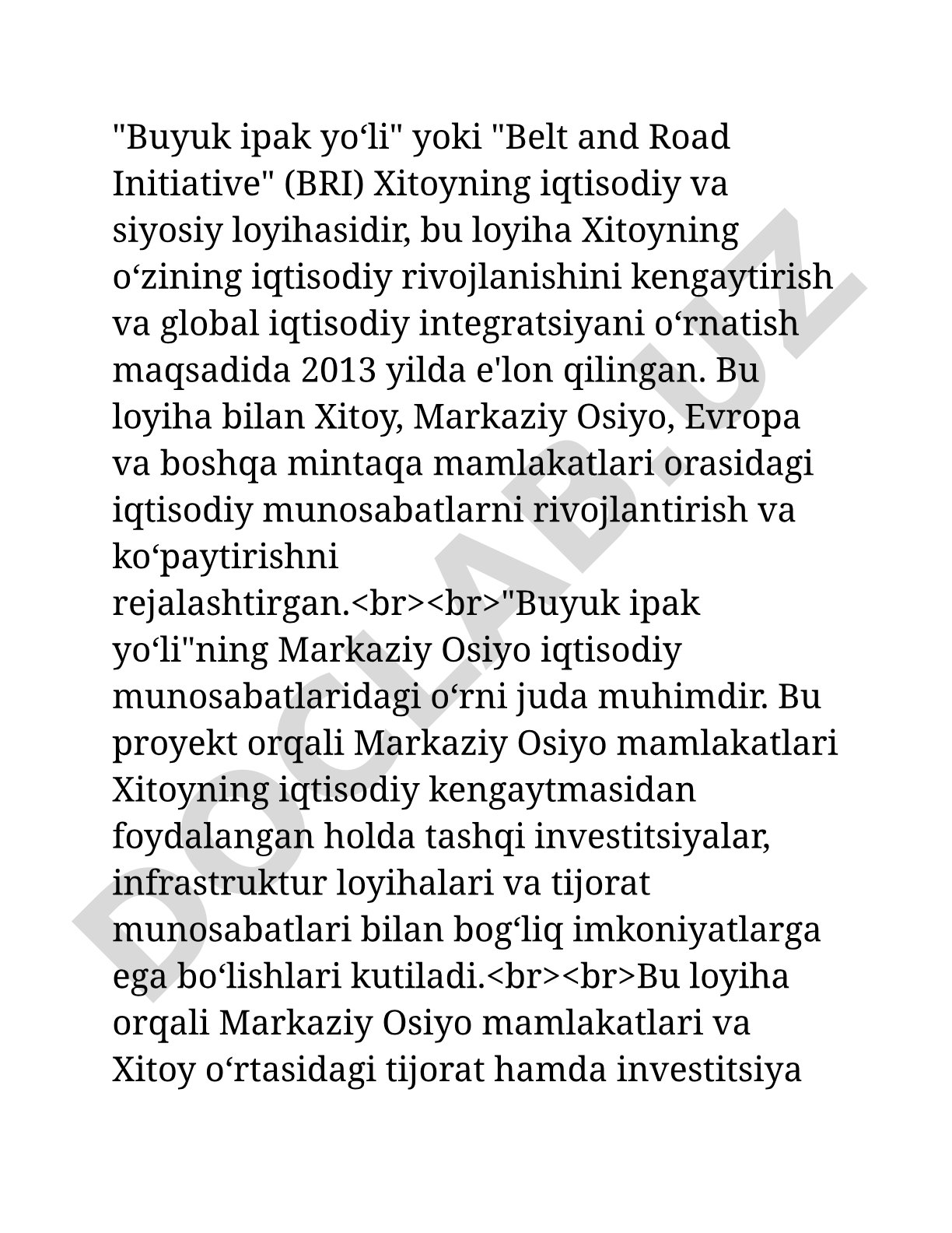 Buyuk ipak yo‘li loyihasining Markaziy Osiyo iqtisodiy munosabatlaridagi o‘rni