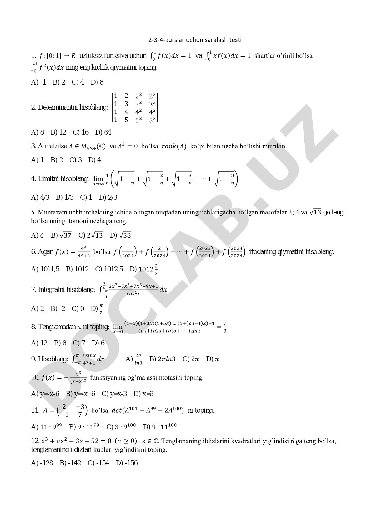 2-3-4-kurslar uchun saralash testi