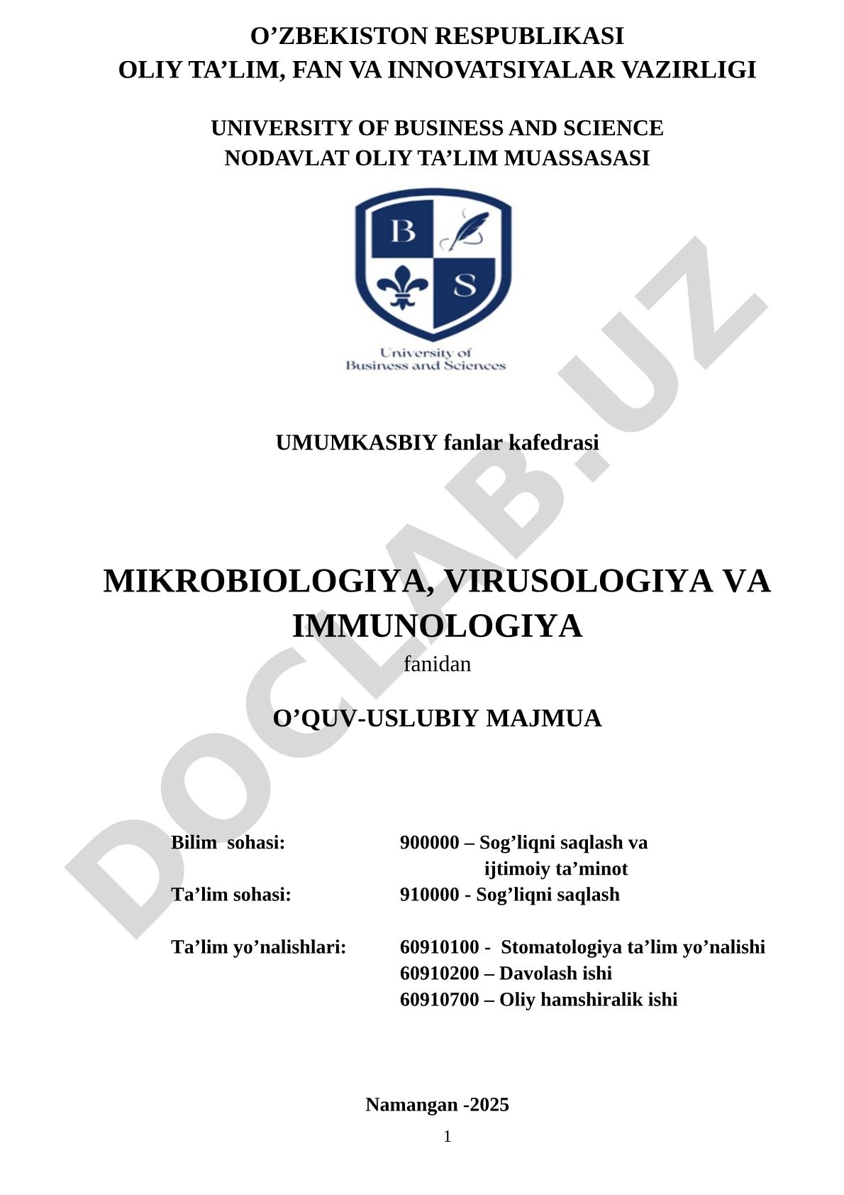 Mikrobiologiya, virusologiya va immunologiya fanidan o'quv-uslubiy majmua