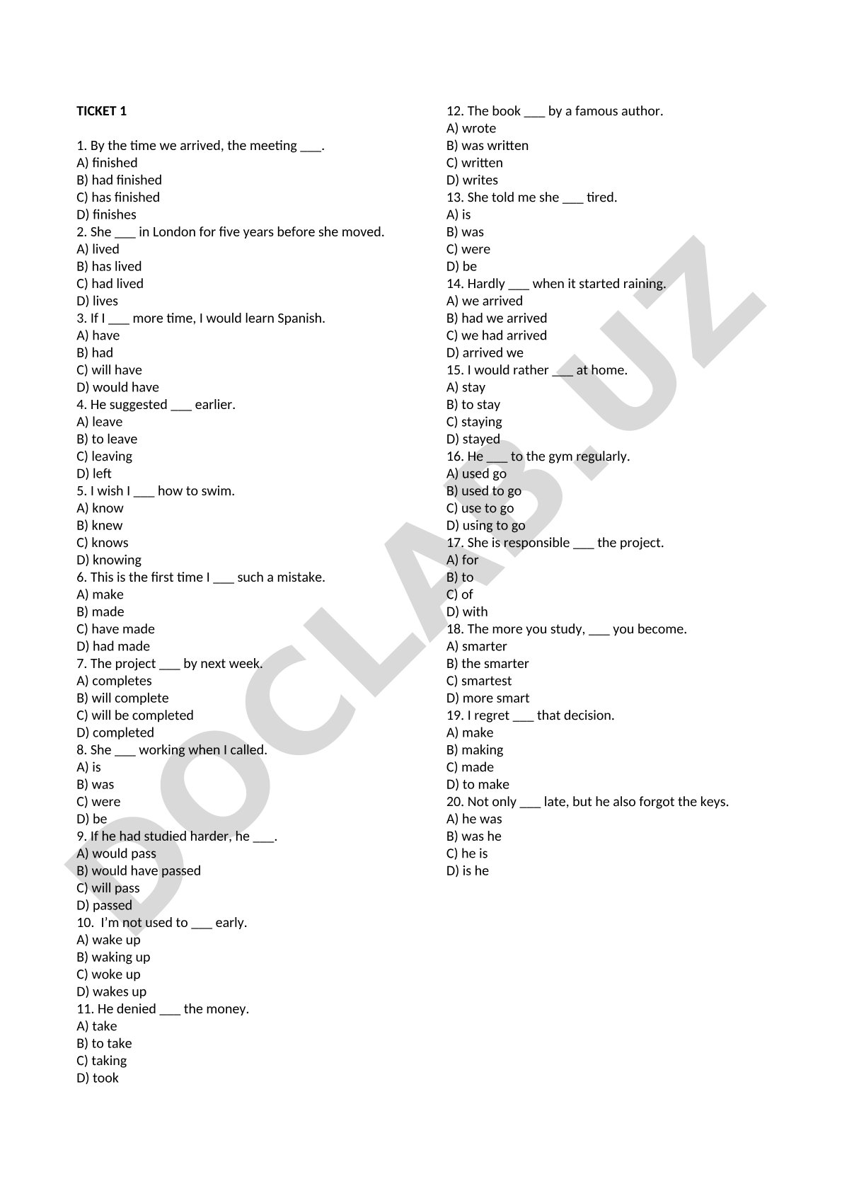 Ingliz tili grammatik test savollari