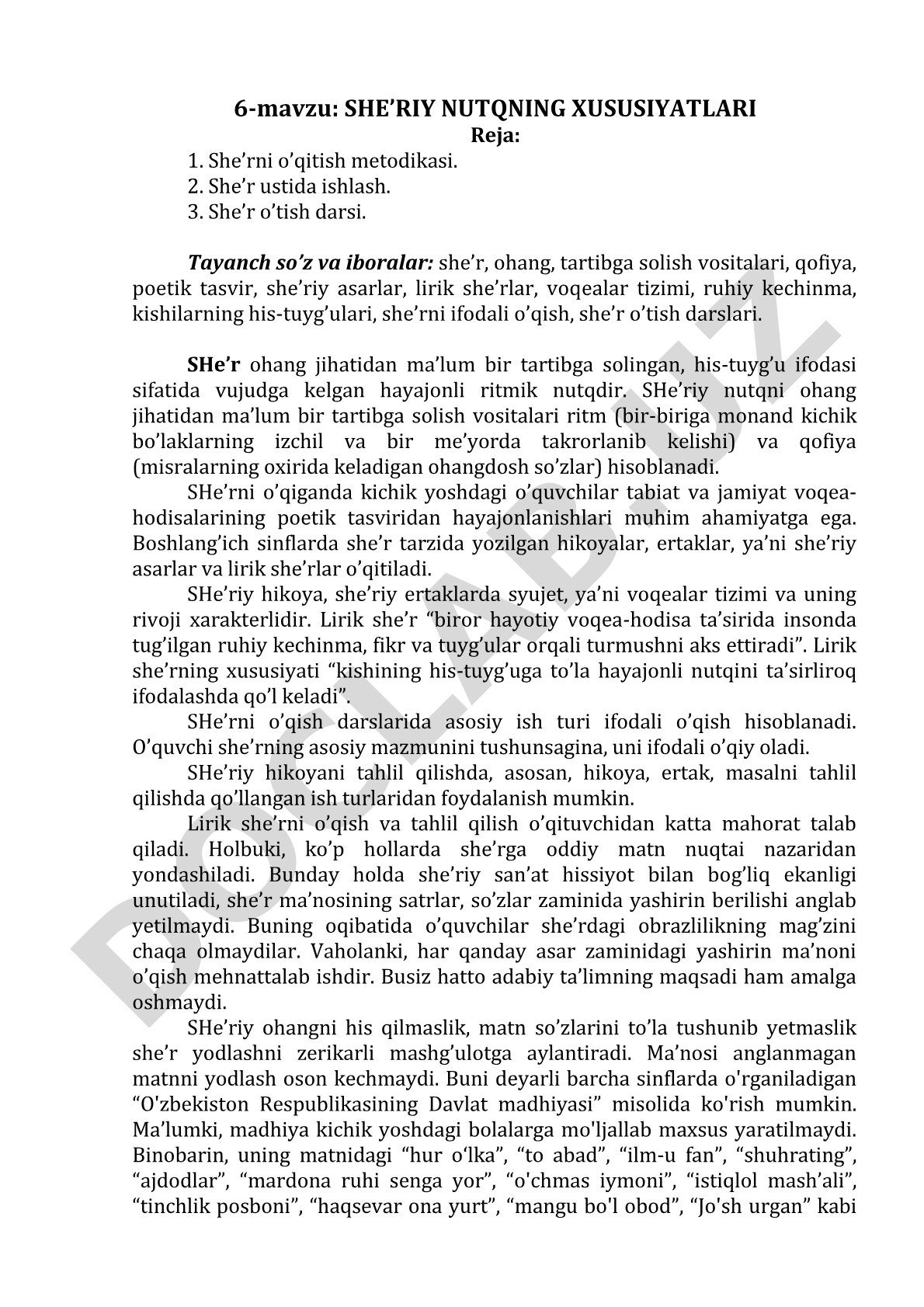 She'riy nutqning xususiyatlari, she'r o'qitish metodikasi va she'r ustida ishlash haqida