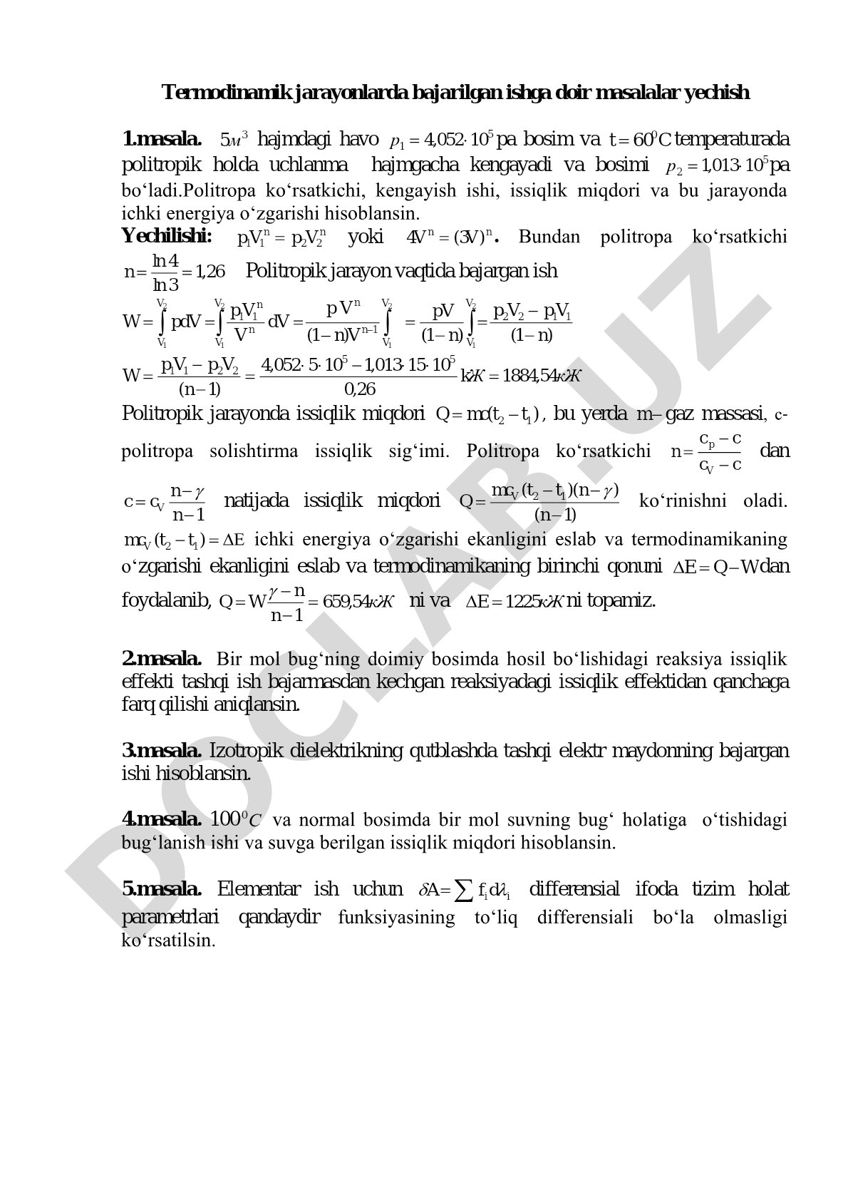 Termodinamik jarayonlarda bajarilgan ishga doir masalalar yechish
