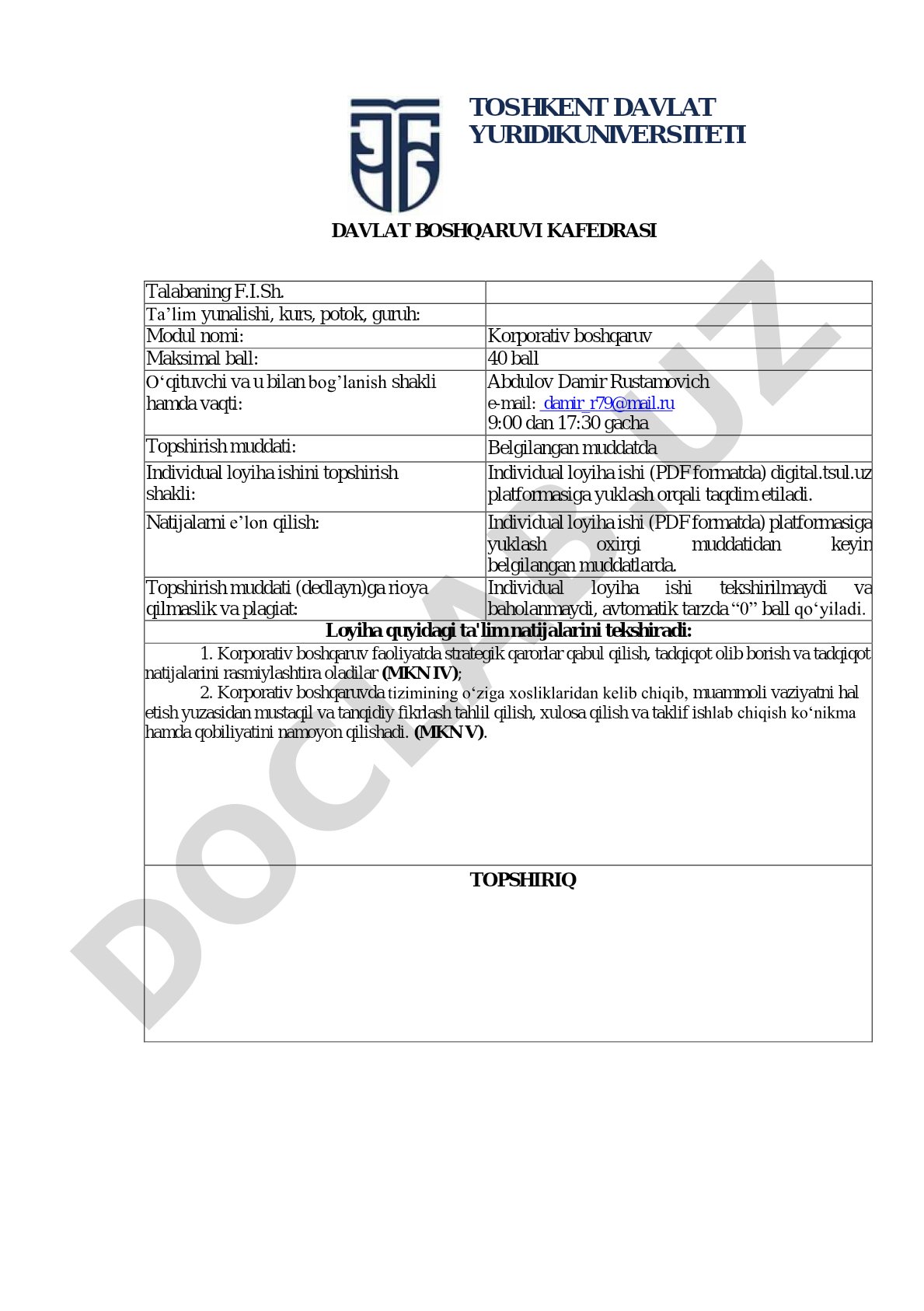 Korporativ boshqaruv individual loyiha ishi