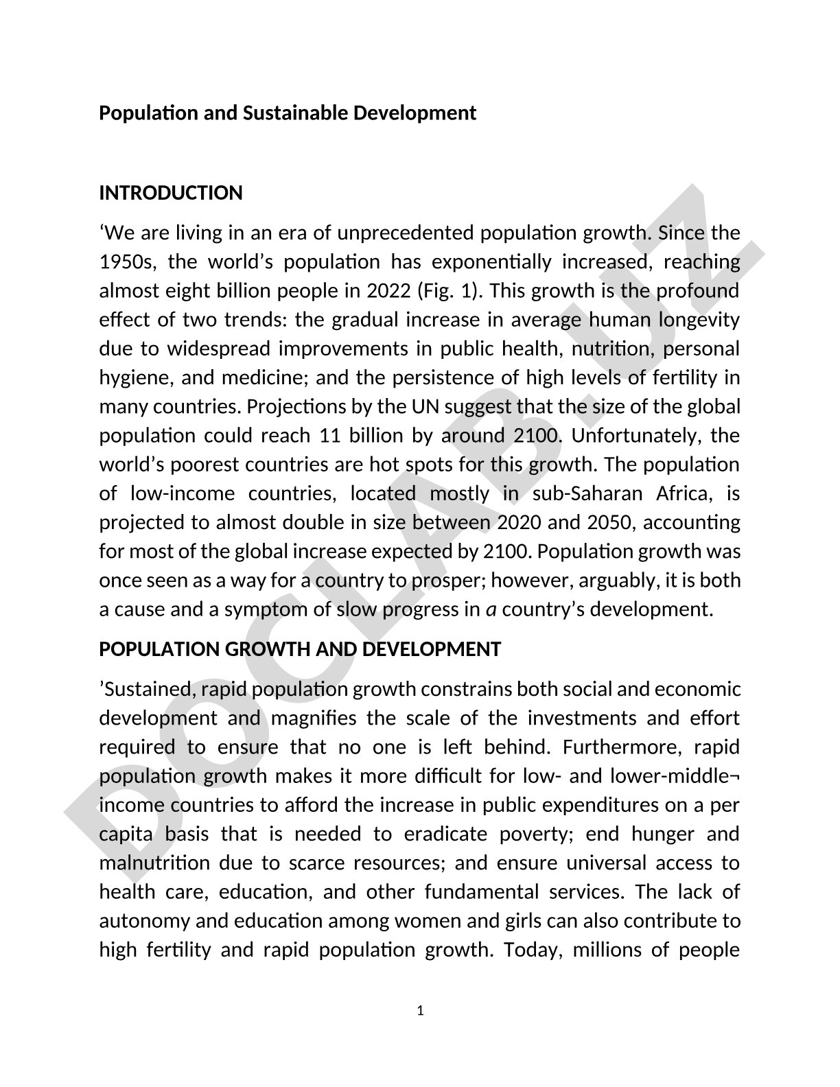 Population and Sustainable Development INTRODUCTION ‘We are living in an era of unprecedented popula