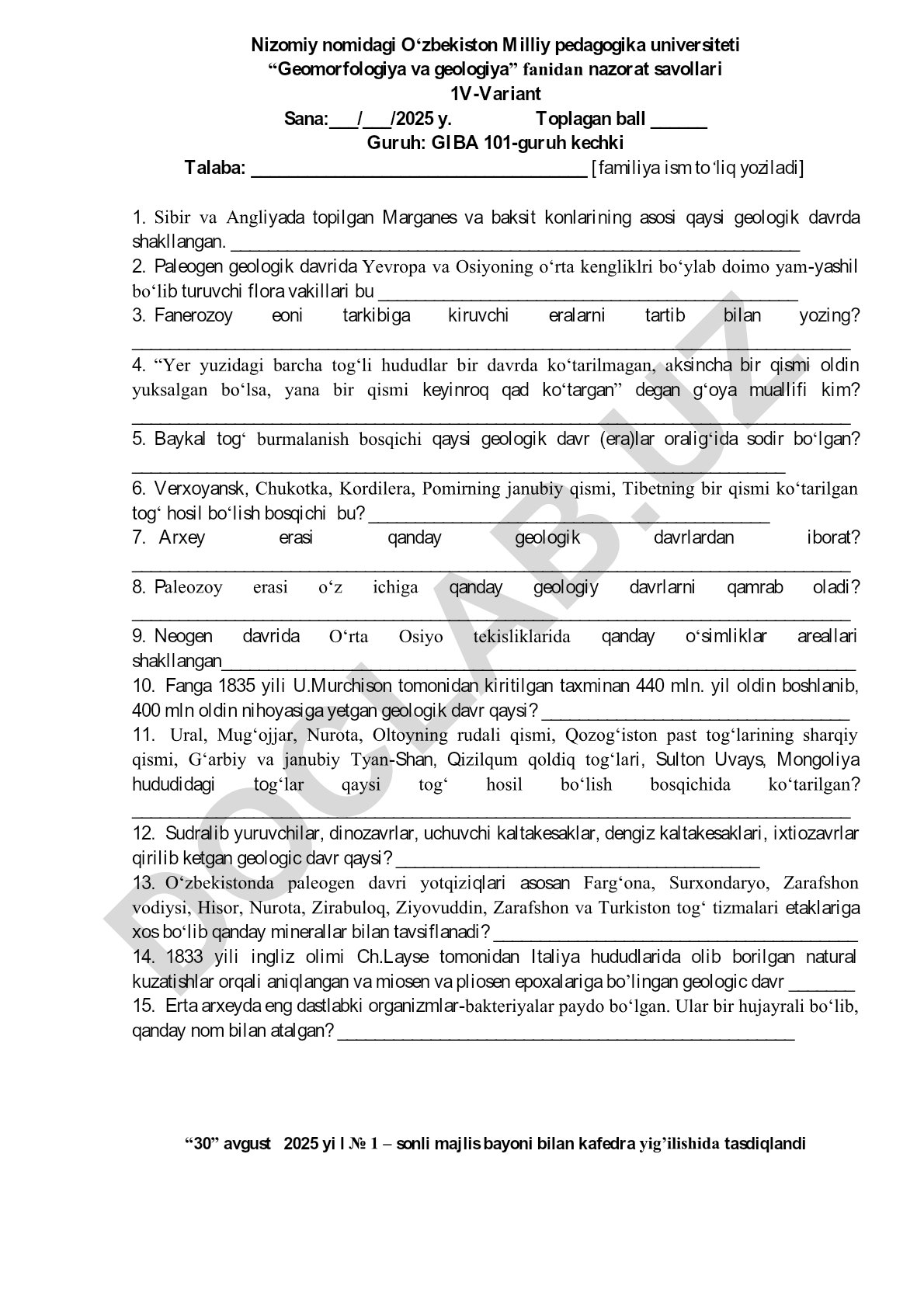 Geomorfologiya va geologiya fanidan nazorat savollari