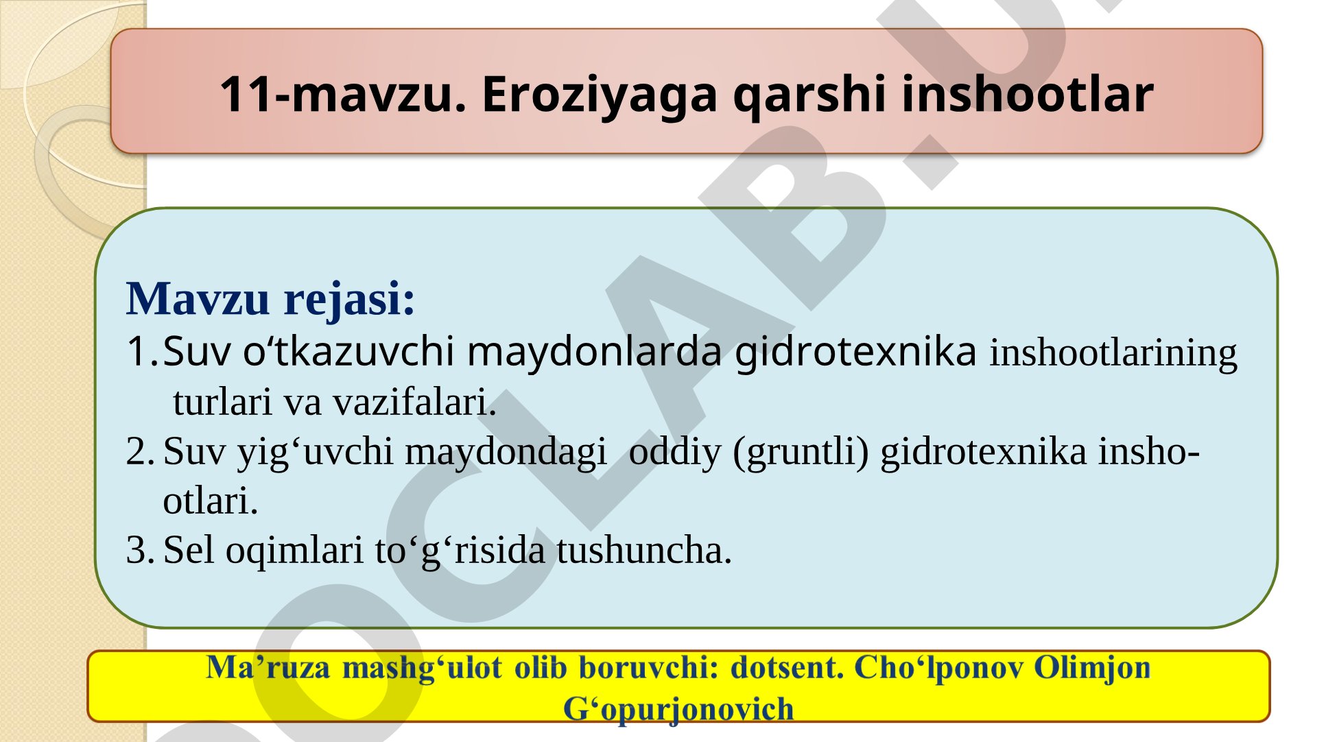 Suv o‘tkazuvchi maydonlarda gidrotexnika inshootlarining turlari va vazifalari