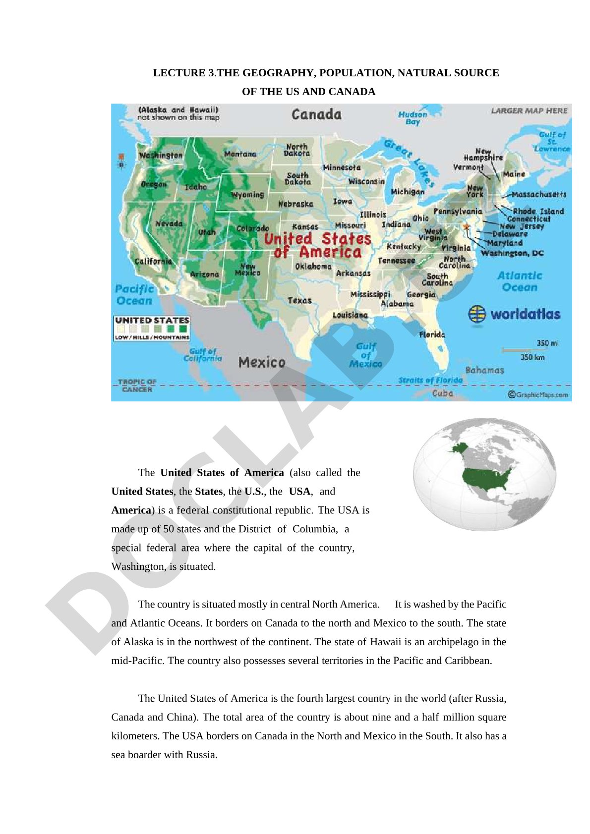 Geography, Population, Natural Resources of the USA and Canada
