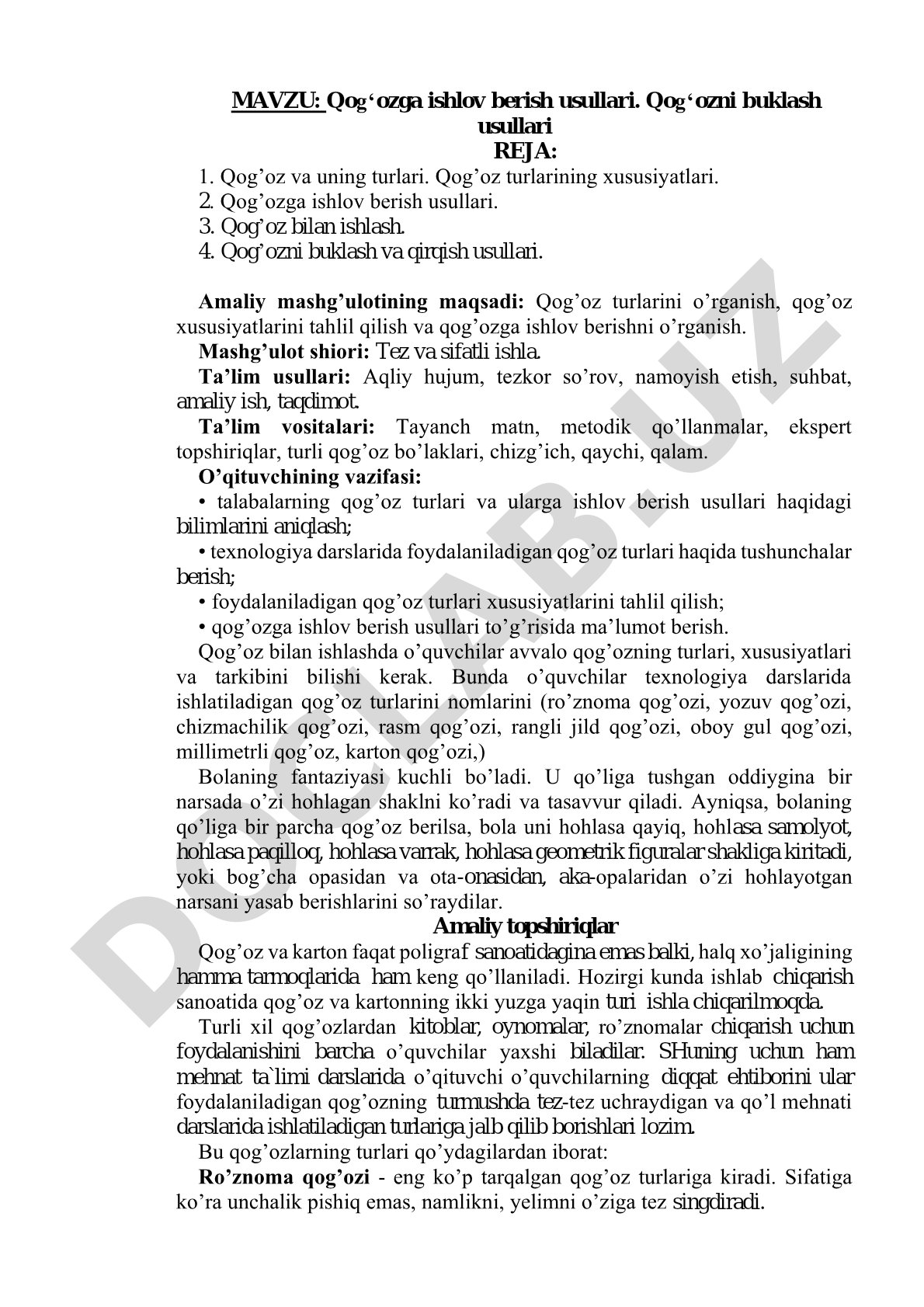 Qogʻozga ishlov berish usullari. Qogʻozni buklash usullari