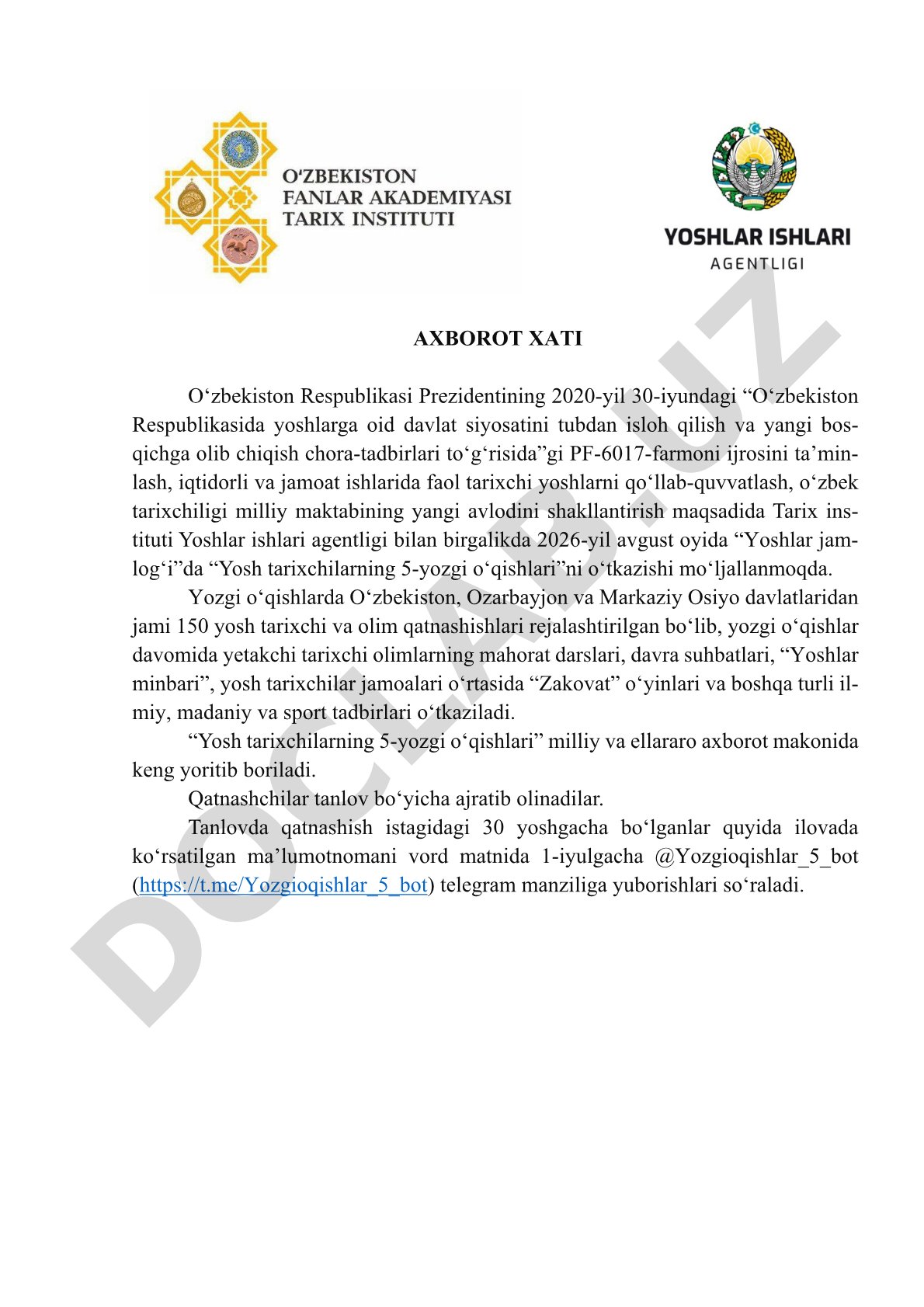 Yosh tarixchilarning 5-yozgi o'qishlari