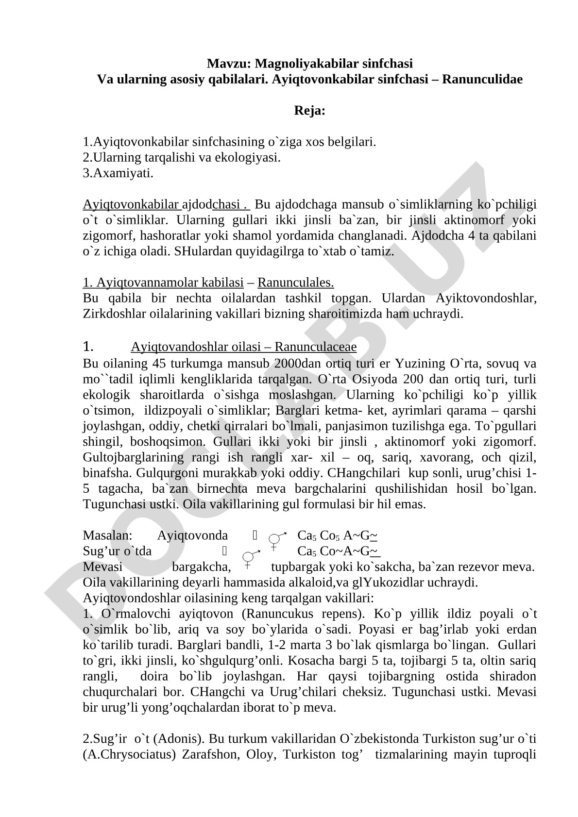 Magnoliyakabilar sinfchasi Va ularning asosiy qabilalari. Ayiqtovonkabilar sinfchasi – Ranunculidae