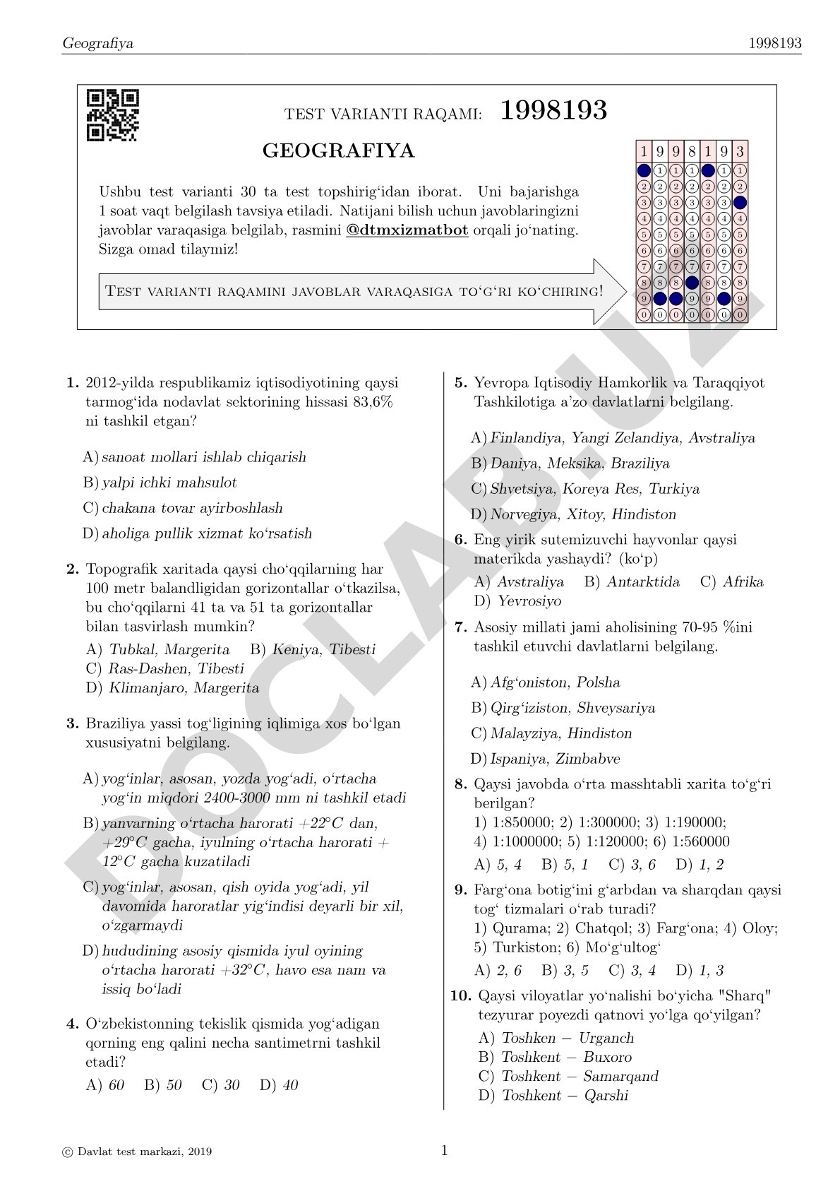 Geografiya fanidan test topshiriqlari