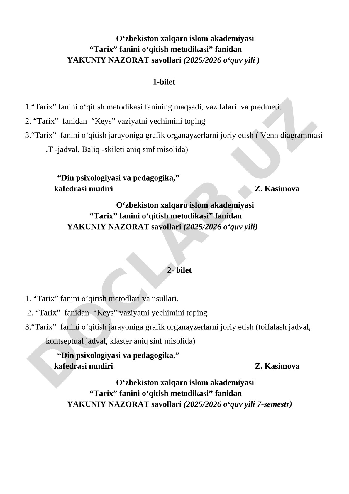 Tarix fanini o'qitish metodikasi yakuniy nazorat savollari