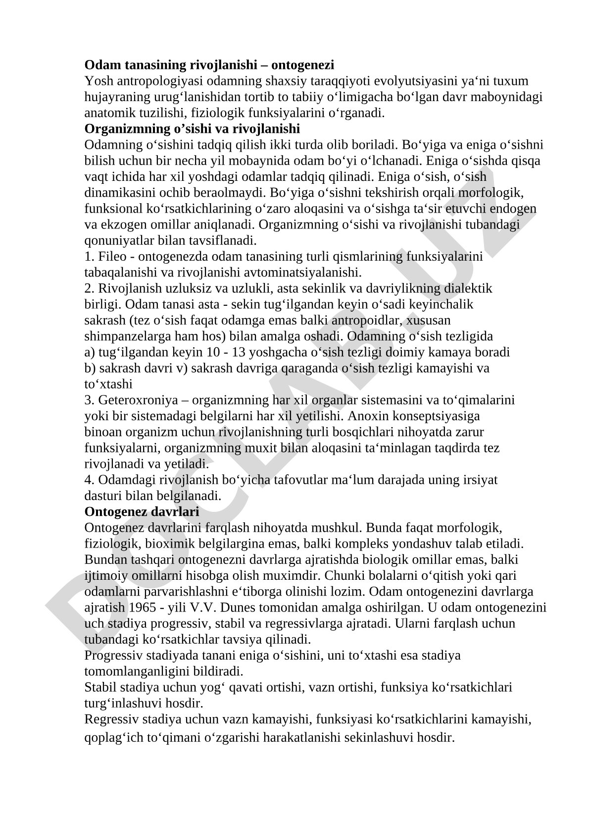 Odam tanasining rivojlanishi – ontogenezi