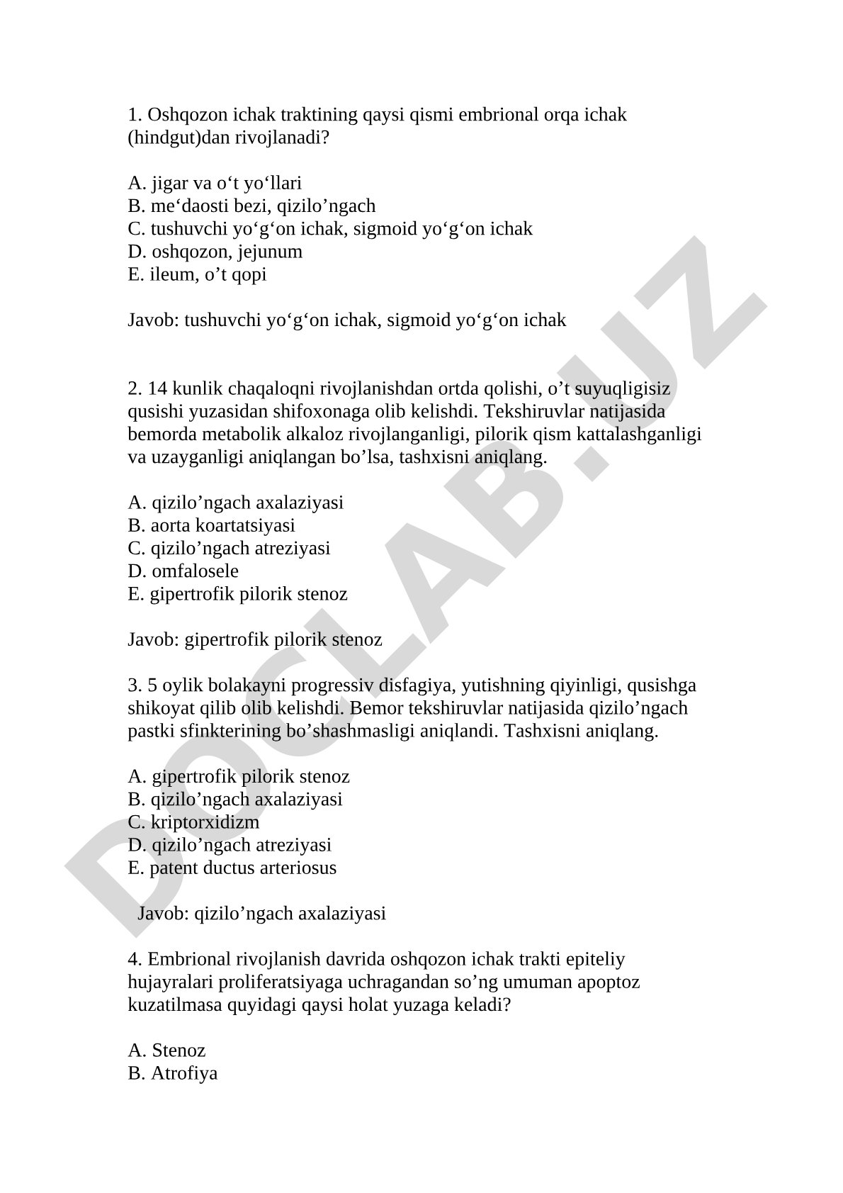Oshqozon ichak trakti embriologiyasi test savollari