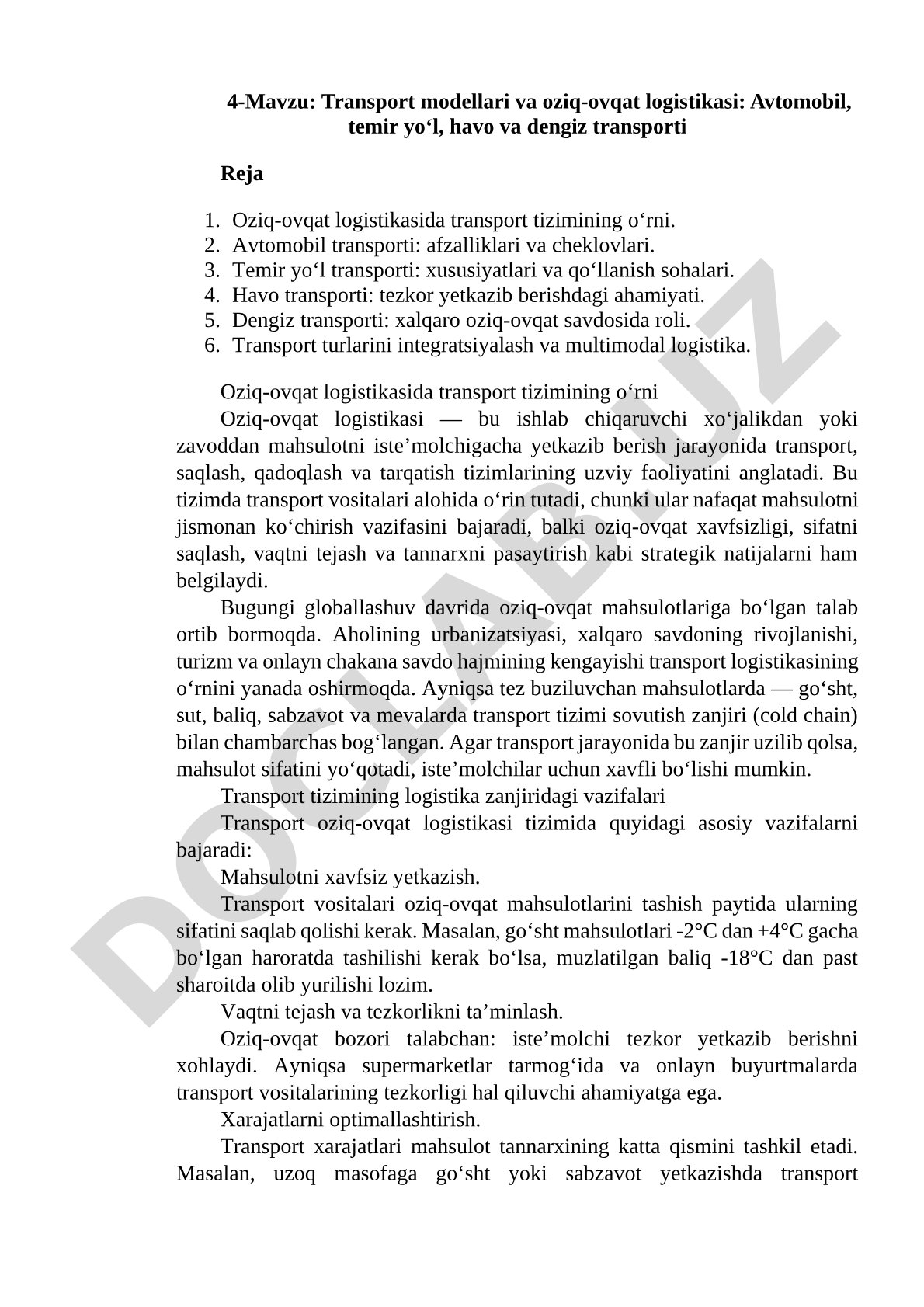 Transport modellari va oziq-ovqat logistikasi