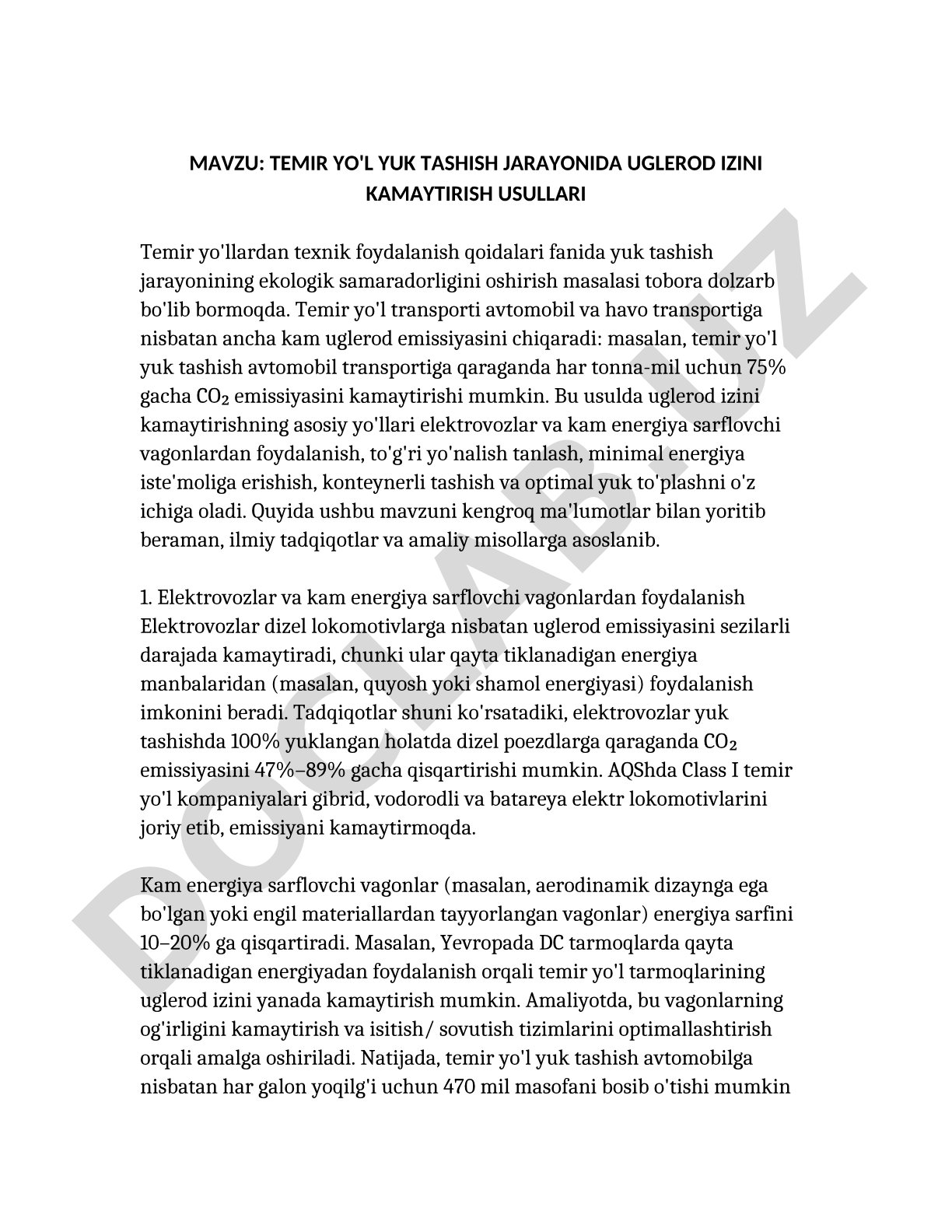 TEMIR YO'L YUK TASHISH JARAYONIDA UGLEROD IZINI KAMAYTIRISH USULLARI