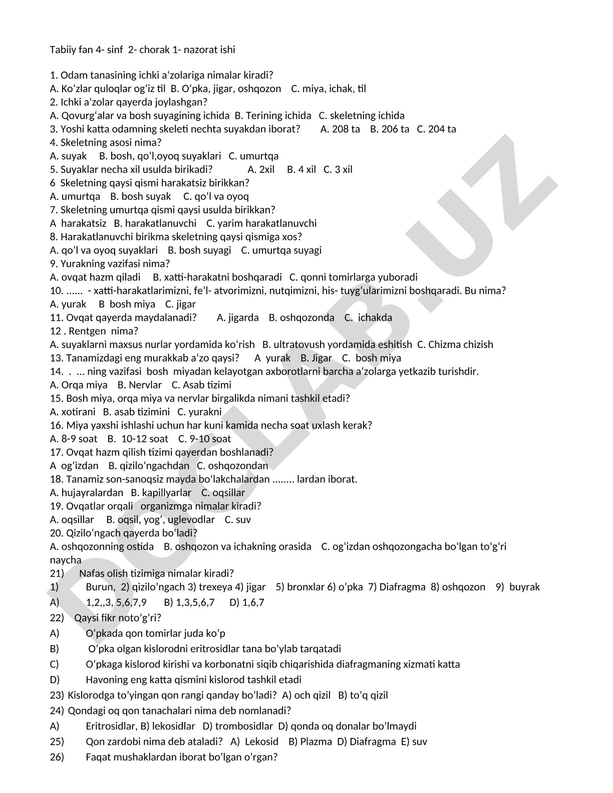 Odam tanasining ichki a'zolari va skelet tuzilishi