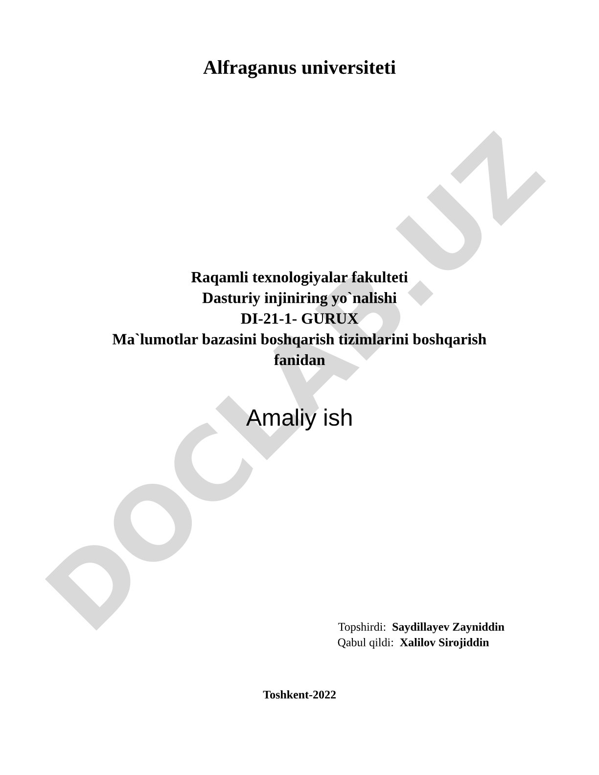 Ma'lumotlar bazasini loyihalash. Mohiyat – aloqa diogrammasini qurish (ER modeli)
