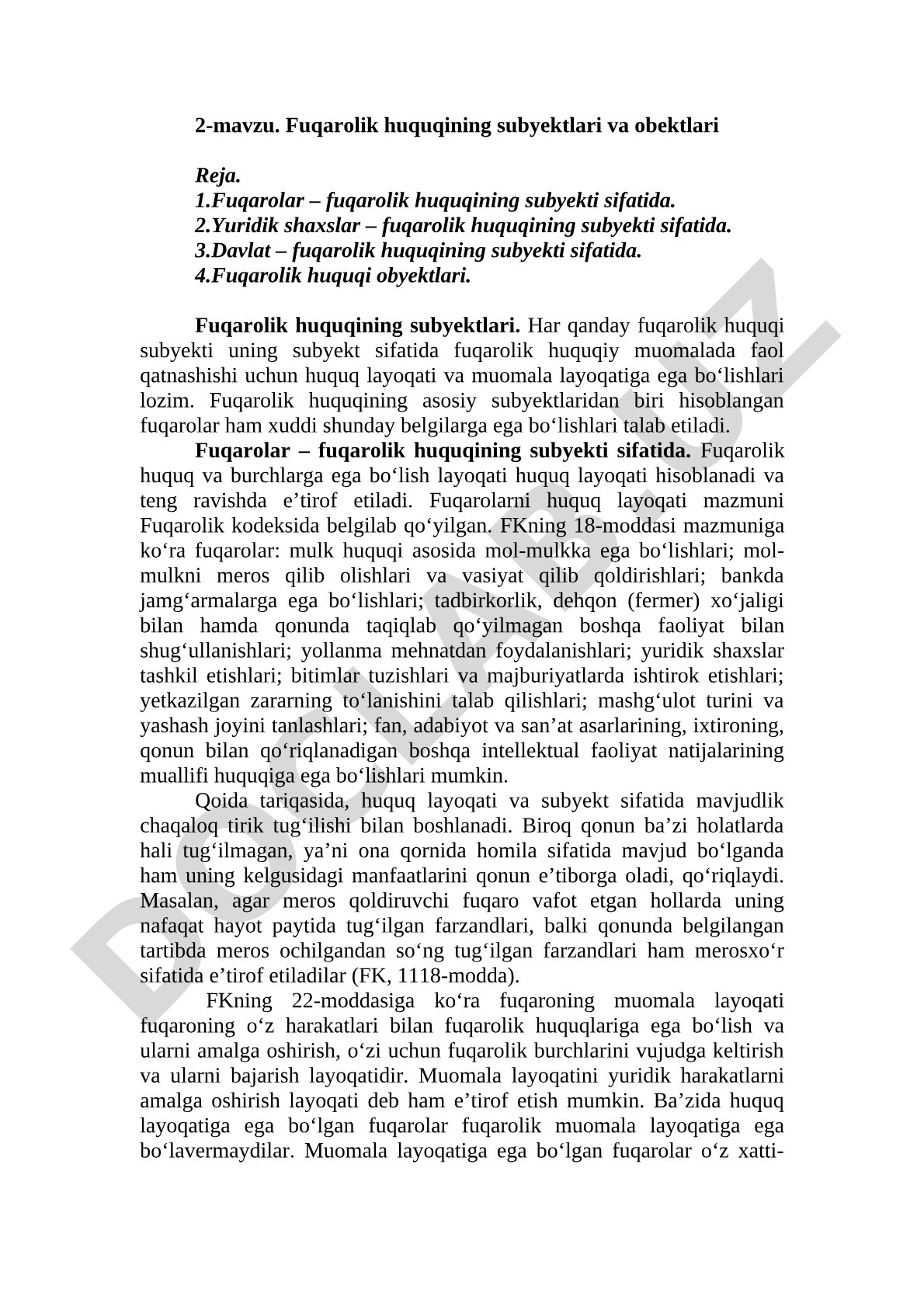 Fuqarolik huquqining subyektlari va obektlari