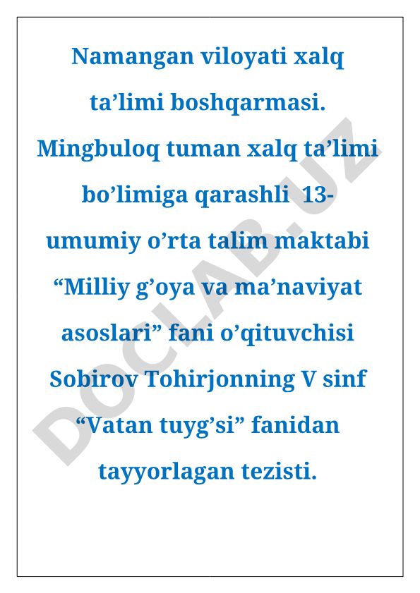 Vatan tuyg'usi fanidan 5-sinf uchun dars ishlanmalari