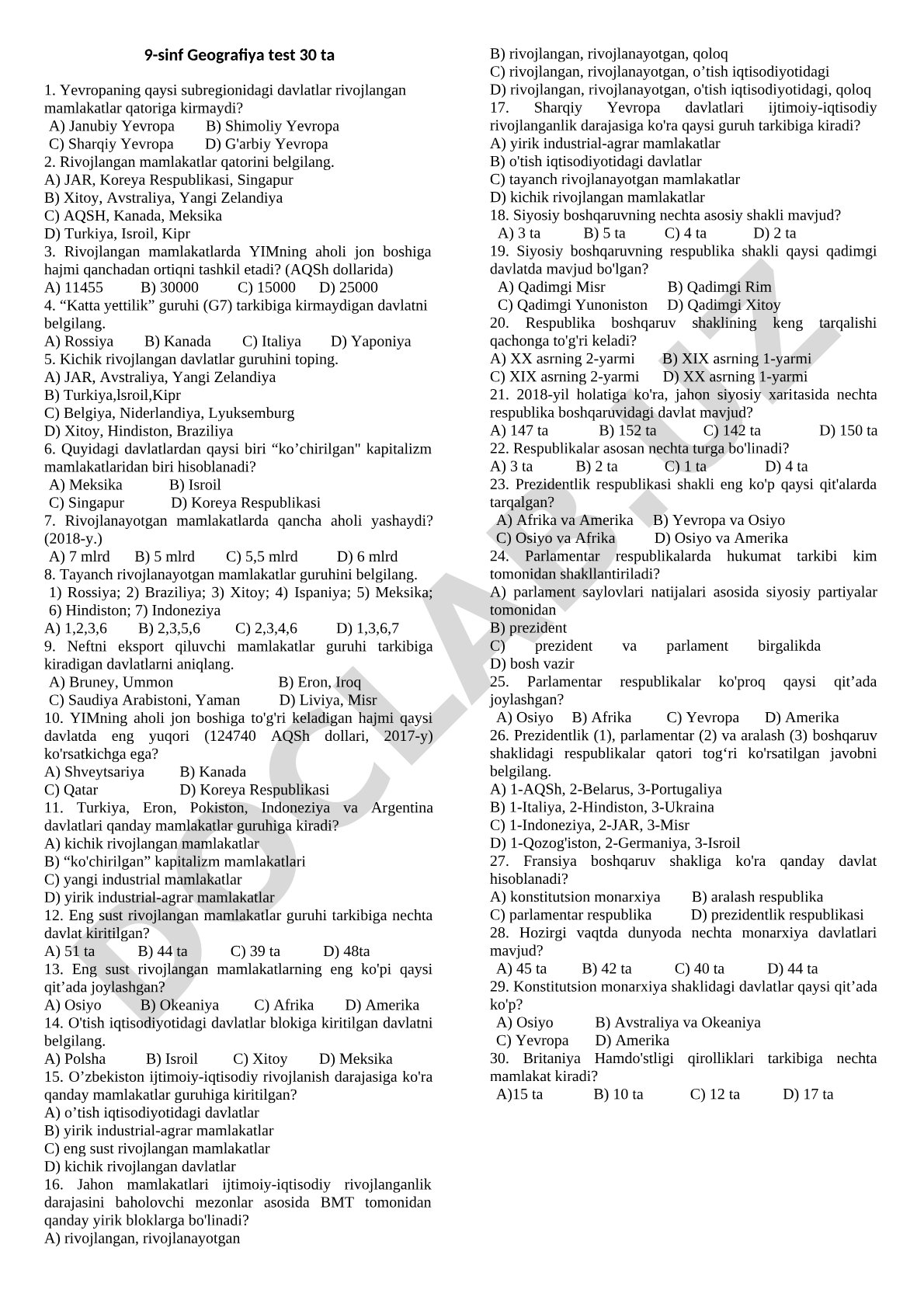 9-sinf Geografiya test 30 ta