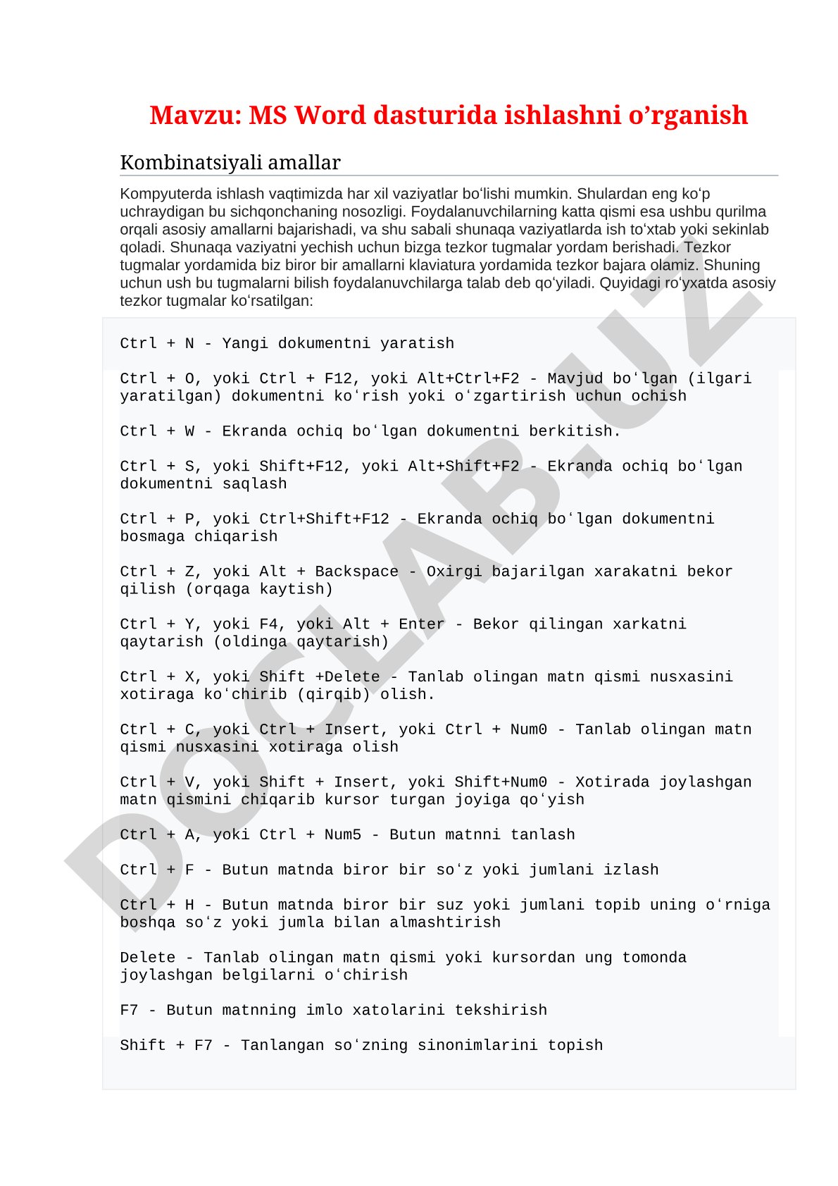 MS Word dasturida ishlashni o'rganish Kombinatsiyali amallar