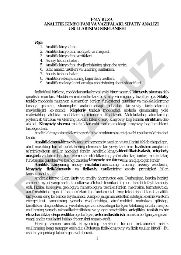 Analitik kimyo fani va vazifalari. Sifat analizi usullarining sinflanishi