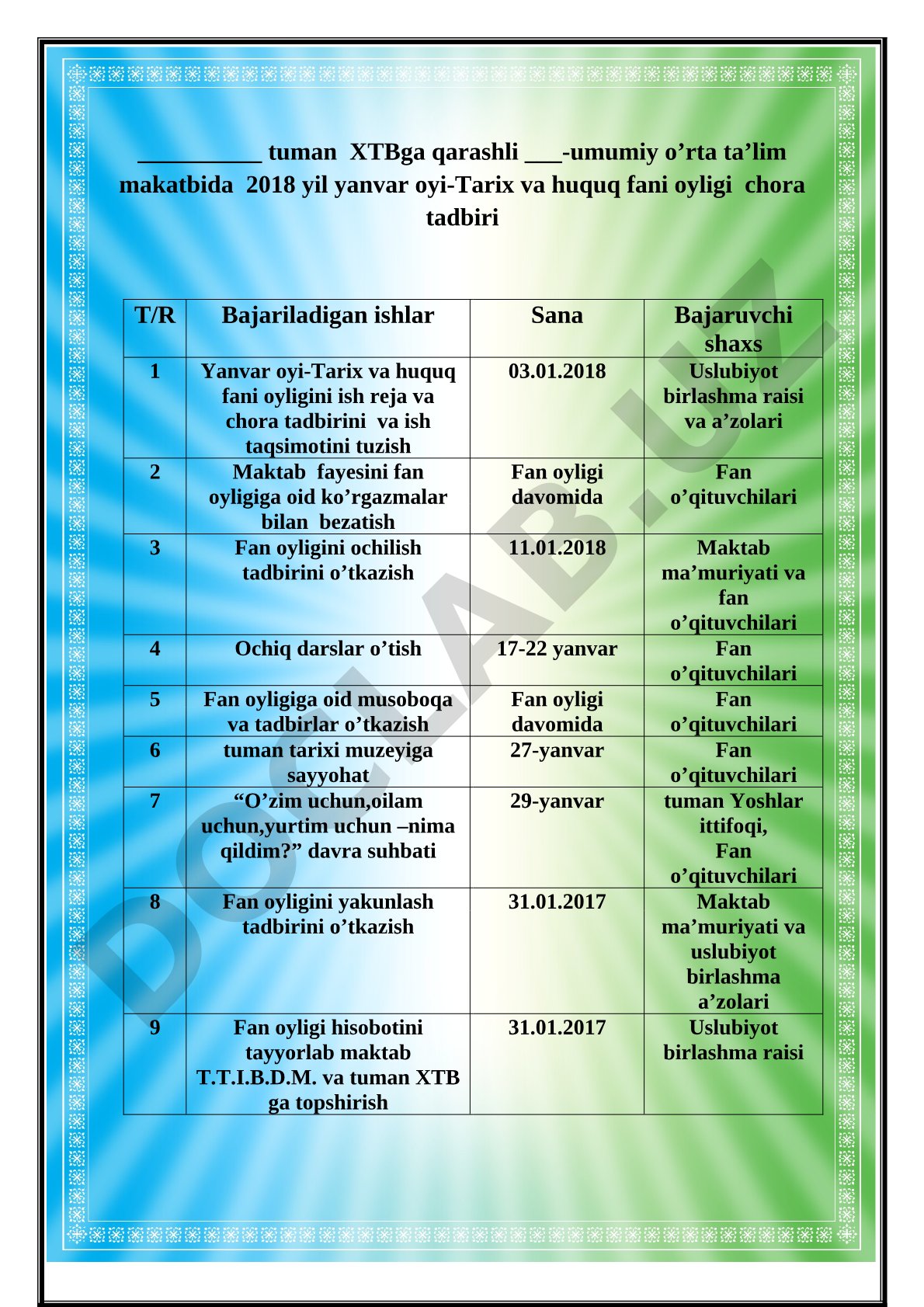Tarix va huquq fani oyligi chora tadbiri