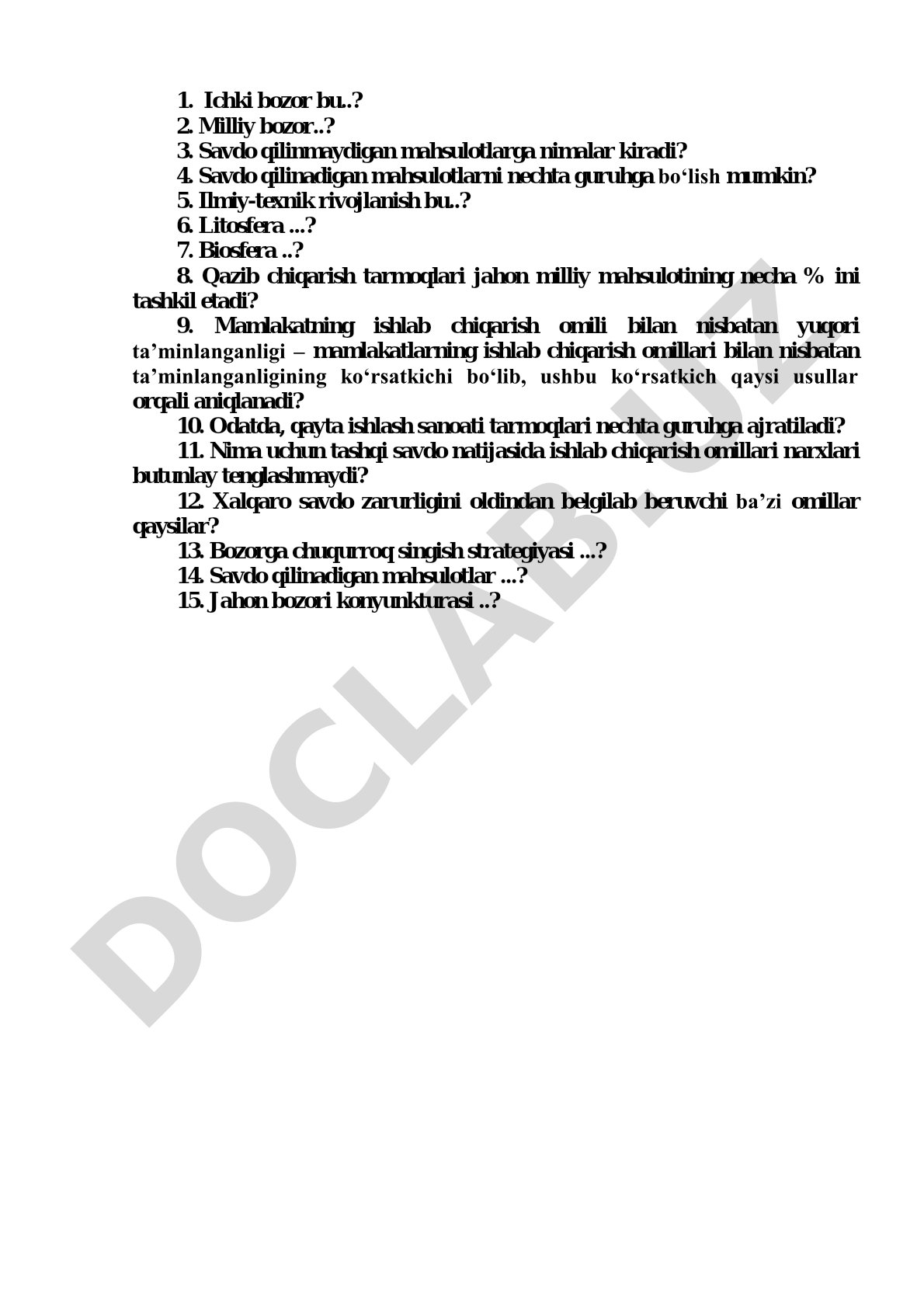 Ichki bozor va xalqaro savdo bo'yicha savollar