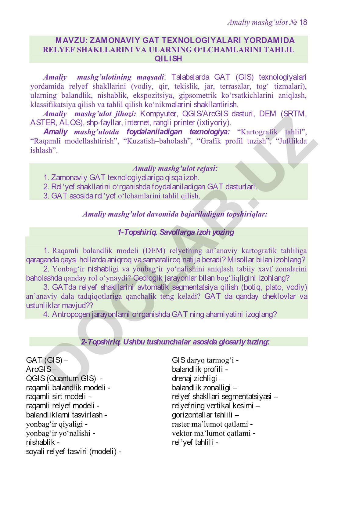 Zamonaviy GAT texnologiyalari yordamida relyef shakllarini va ularning o‘lchamlarini tahlil qilish