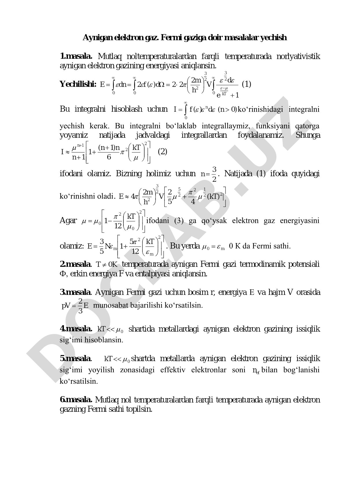 Aynigan elektron gaz. Fermi gaziga doir masalalar yechish