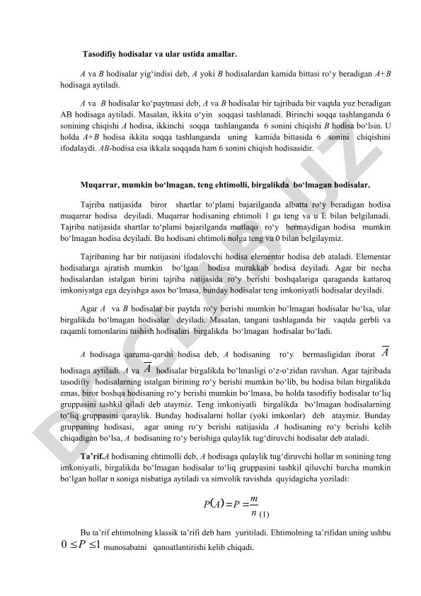 Tasodifiy hodisalar va ular ustida amallar