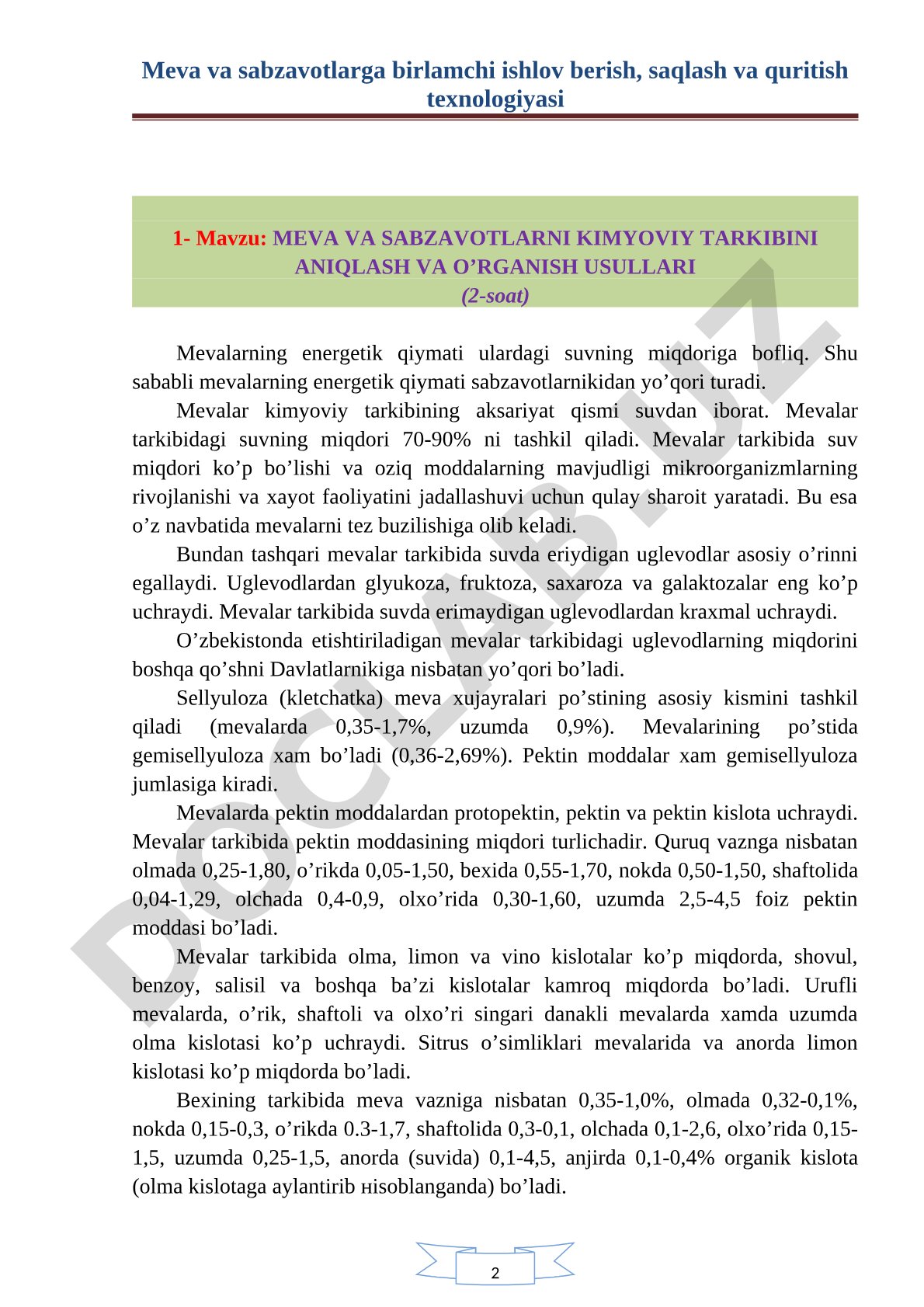 MEVA VA SABZAVOTLARNI KIMYOVIY TARKIBINI ANIQLASH VA O’RGANISH USULLARI