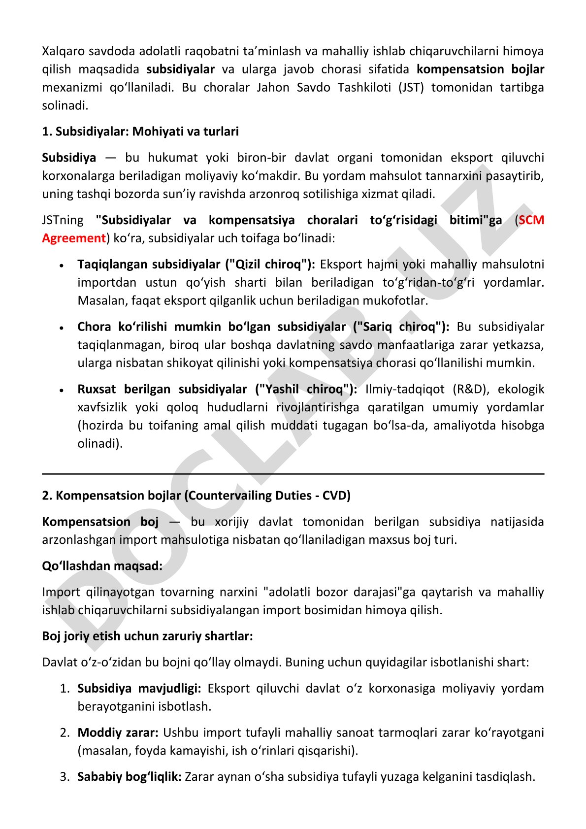 Subsidiyalar va kompensatsion bojlar mexanizmi