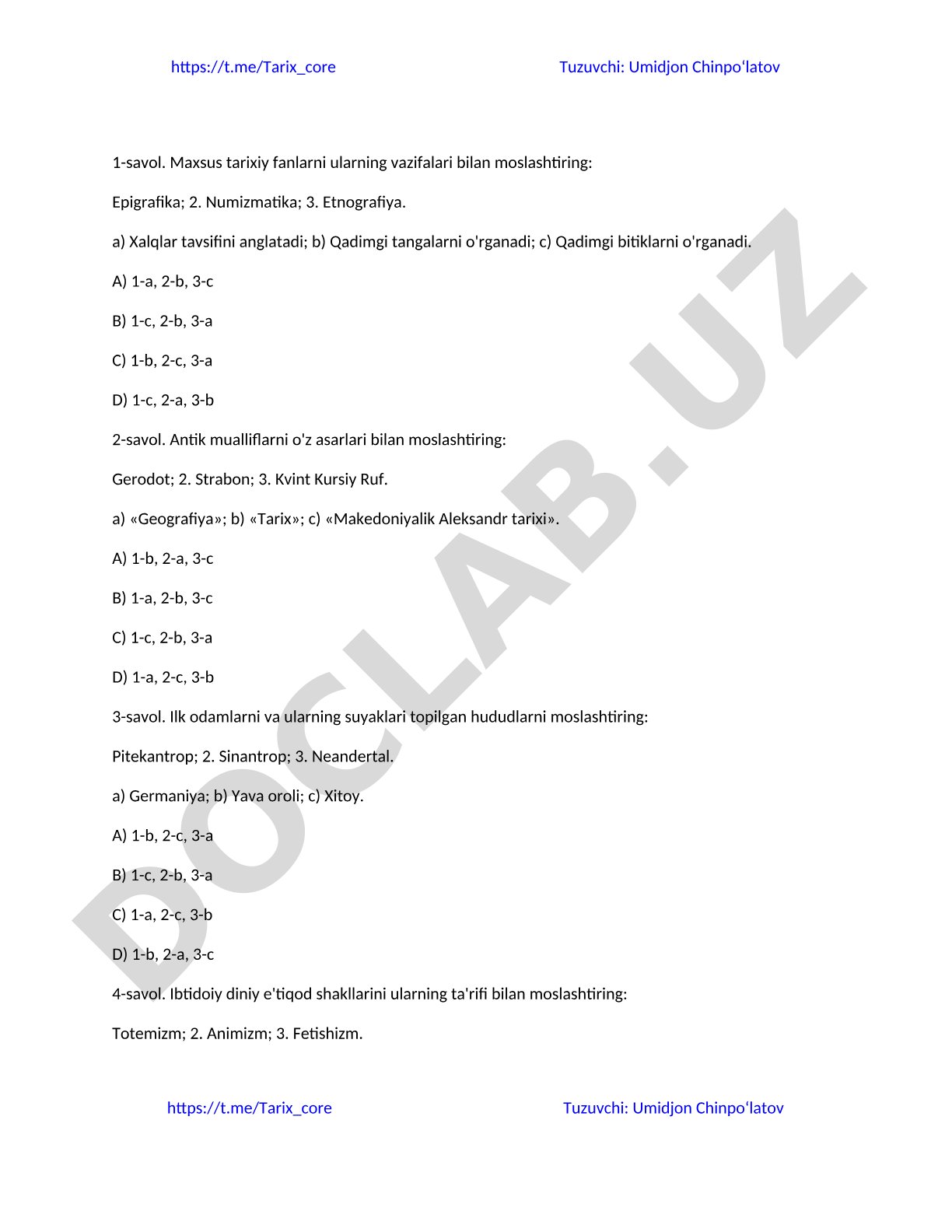 Tarix fanidan moslashtirish test savollari