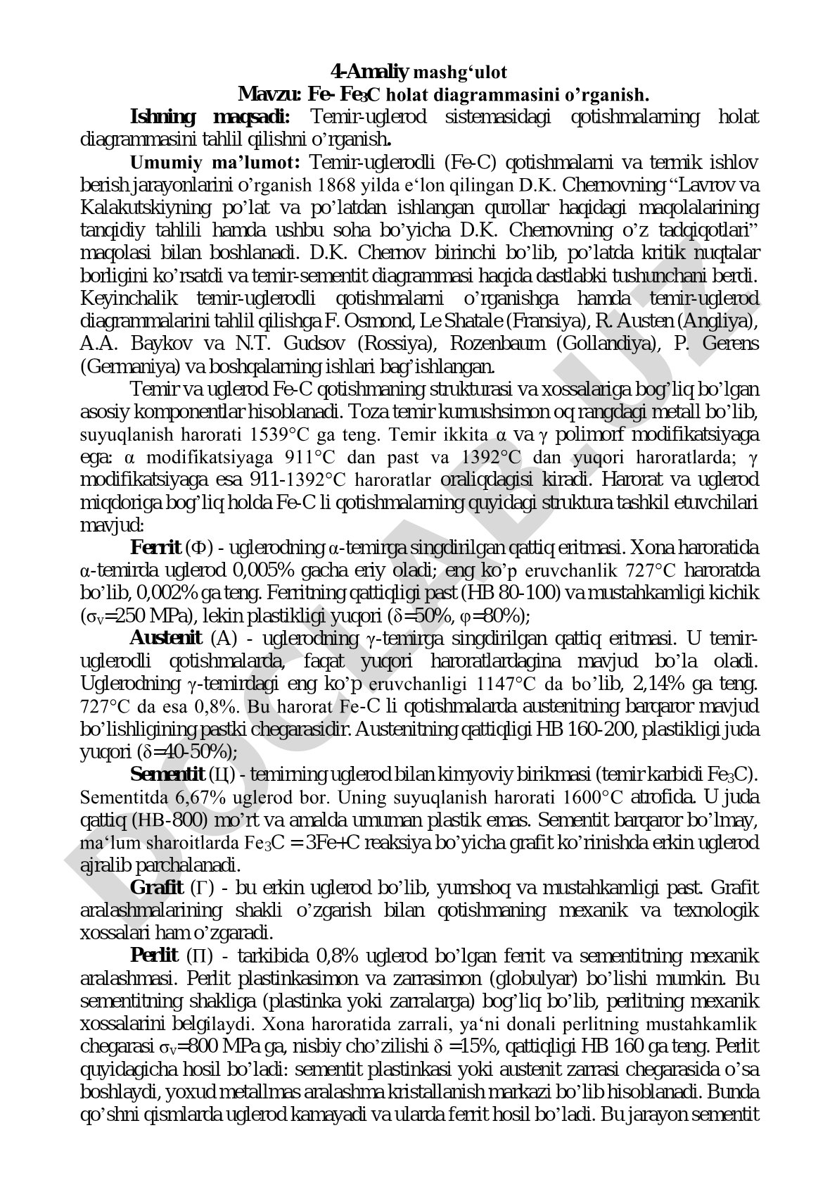Fe- Fe3C holat diagrammasini o'rganish