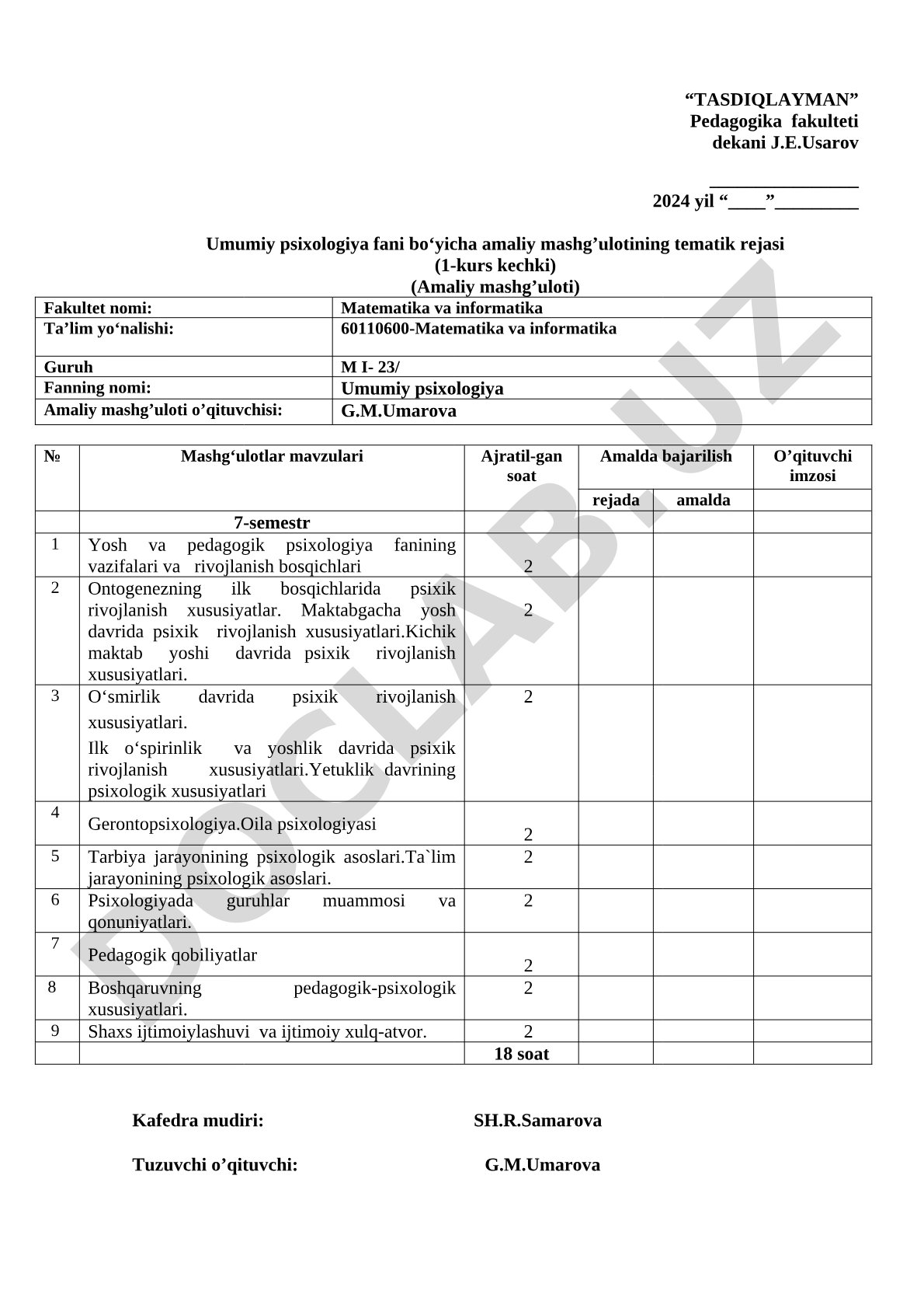 Umumiy psixologiya fanidan amaliy mashg'ulotlari tematik rejasi