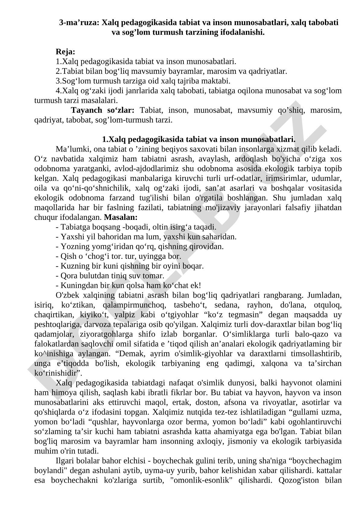 Xalq pedagogikasida tabiat va inson munosabatlari, xalq tabobati va sog'lom turmush tarzining ifodalanishi