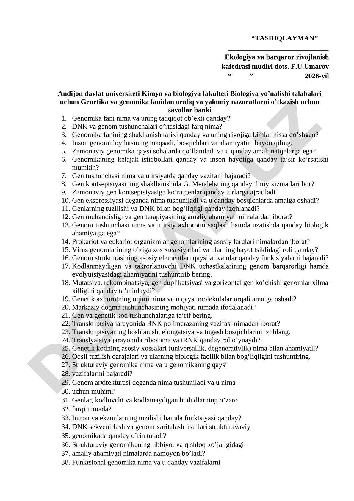 Genetika va genomika fanidan oraliq va yakuniy nazoratlar uchun savollar banki