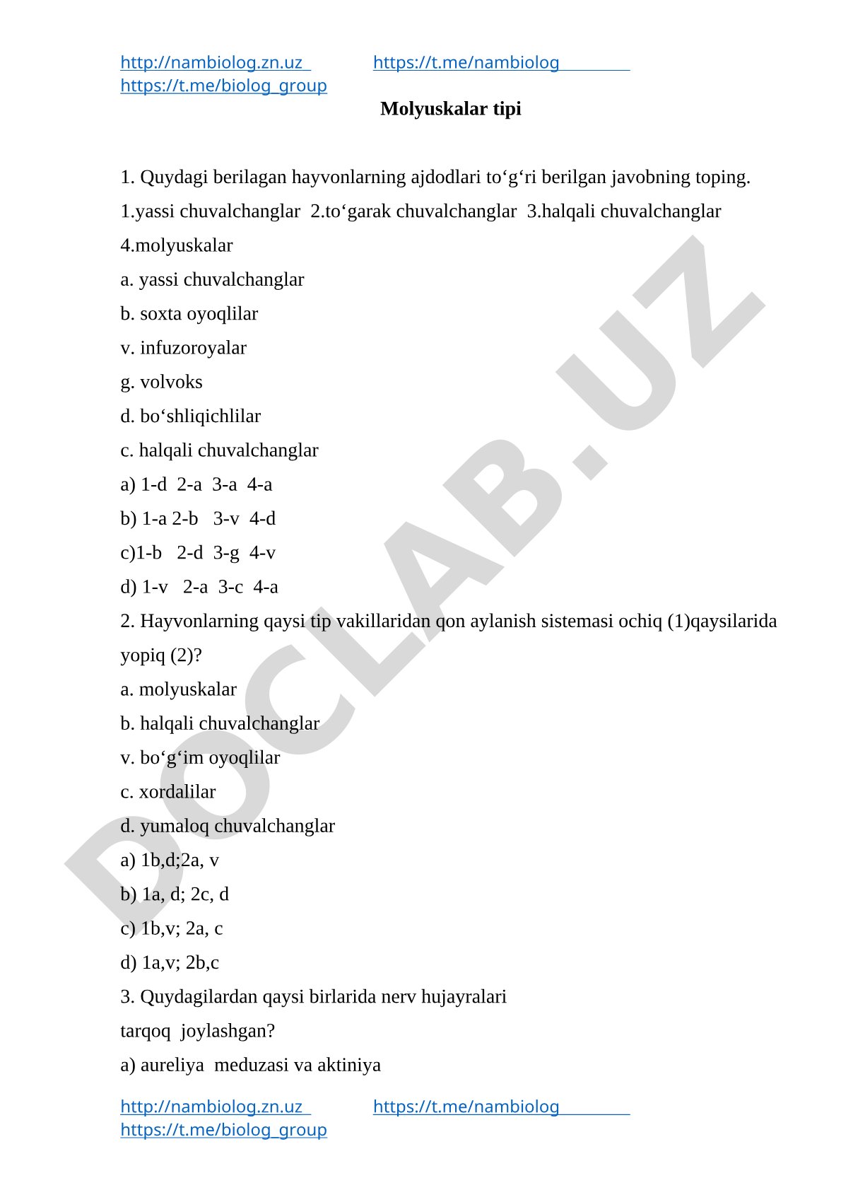 Molyuskalar tipi bo'yicha biologiyadan test savollari