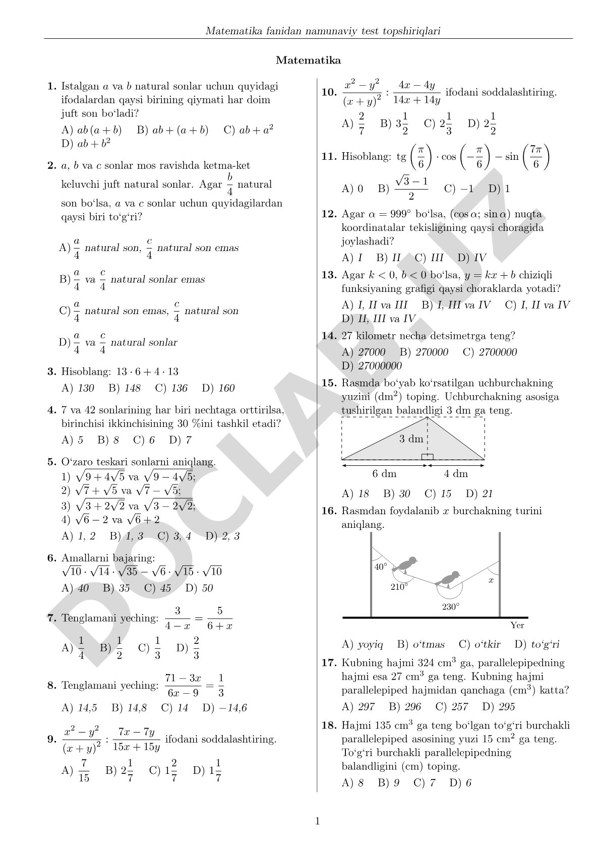 Matematika fanidan namunaviy test topshiriqlari