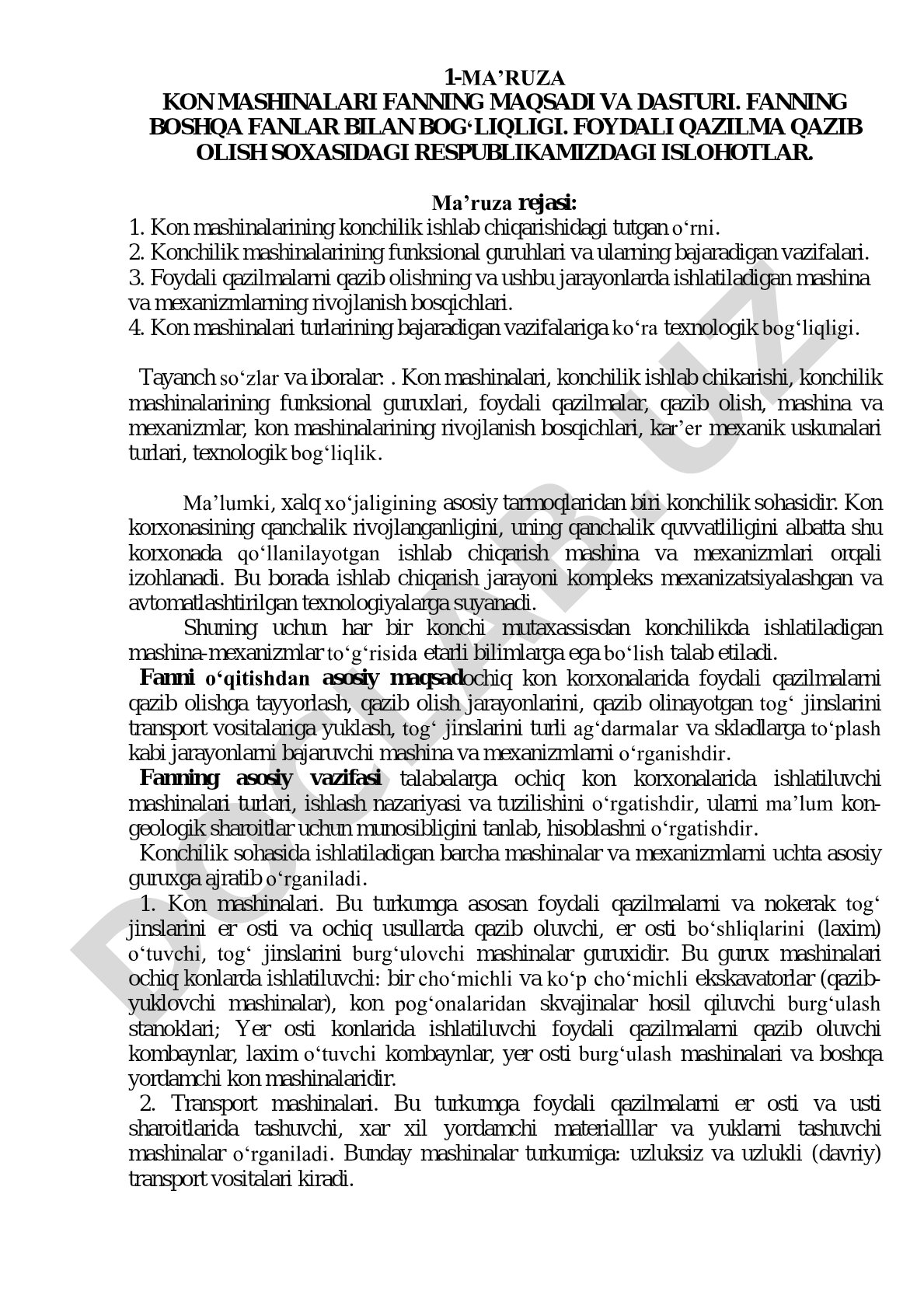 Kon mashinalari fanning maqsadi va dasturi