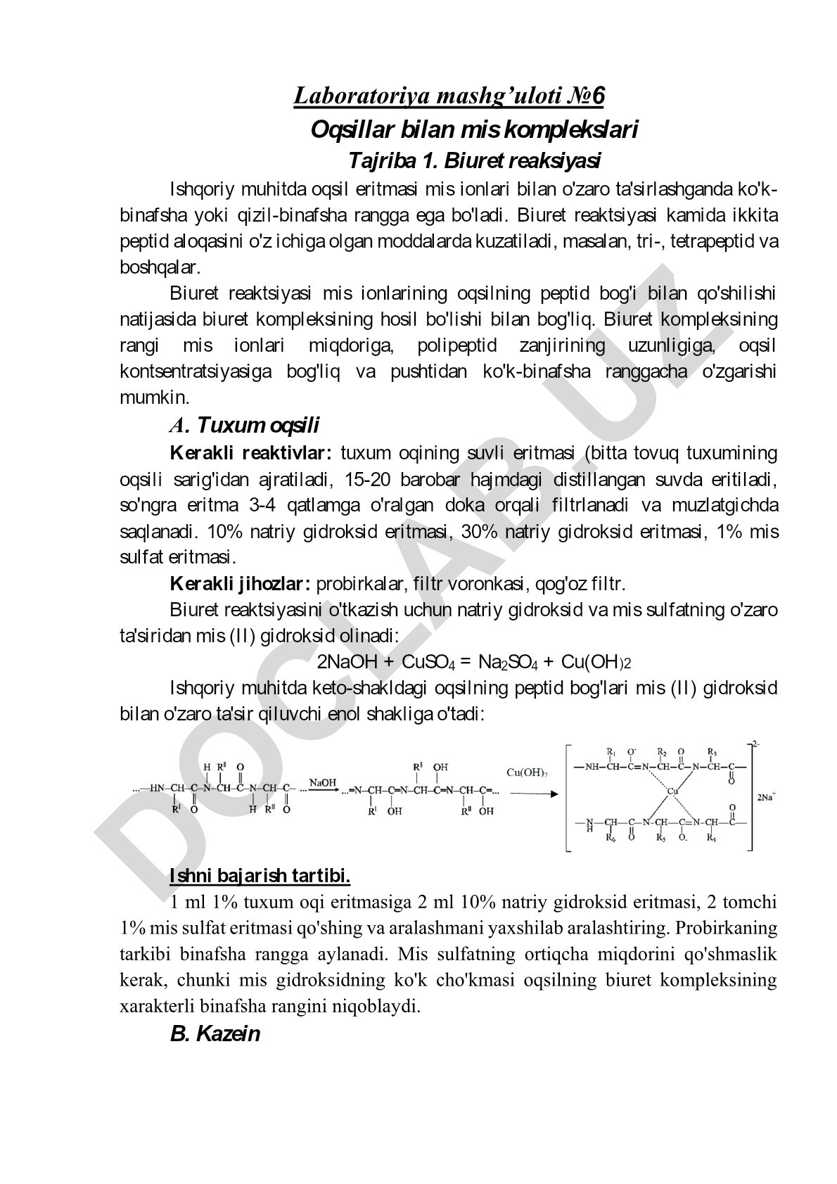 Oqsillar bilan mis komplekslari va biuret reaksiyasi