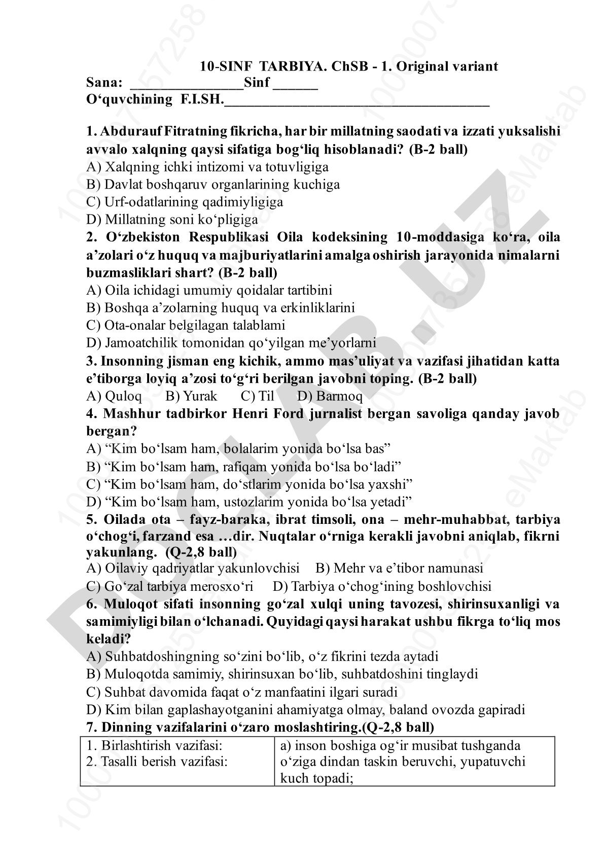 10-sinf Tarbiya fanidan ChSB - 1 test savollari