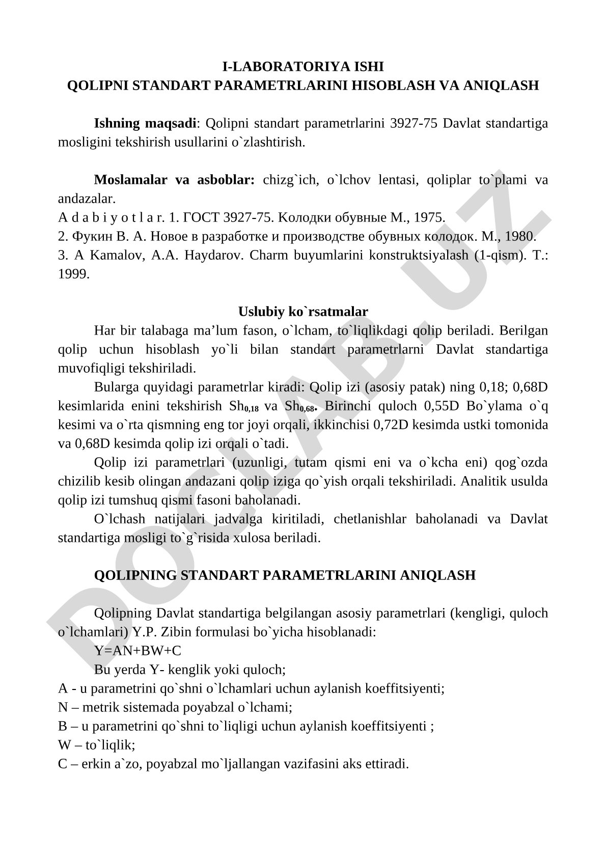 Qolipni standart parametrlarini hisoblash va aniqlash