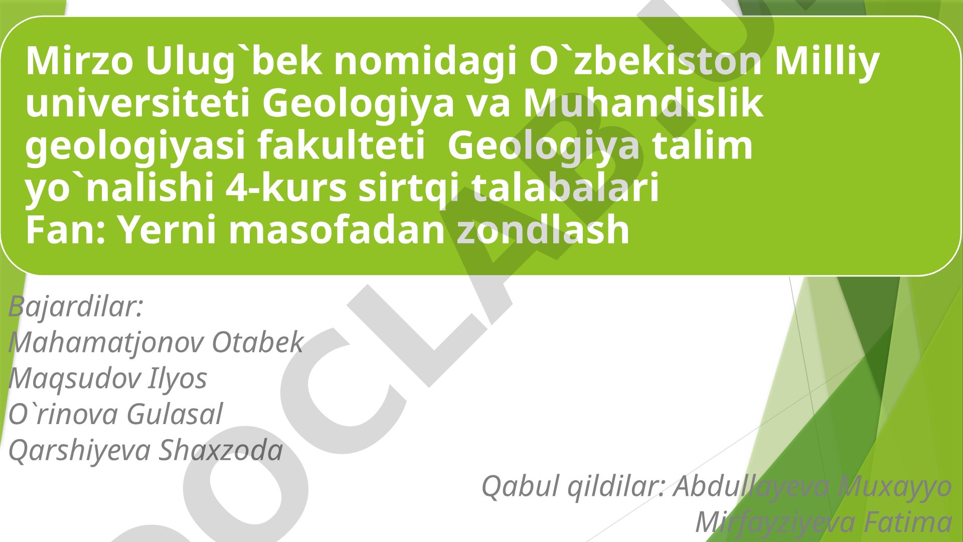 Ma'lumotlar bazasidan geoaxborotlar tizimiga bog'lash va qatlamlar yaratish