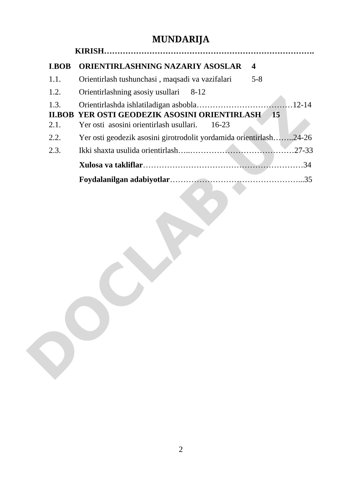 Orientirlash tushunchasi, usullari va yer osti geodezik asosini orientirlash yo'llari