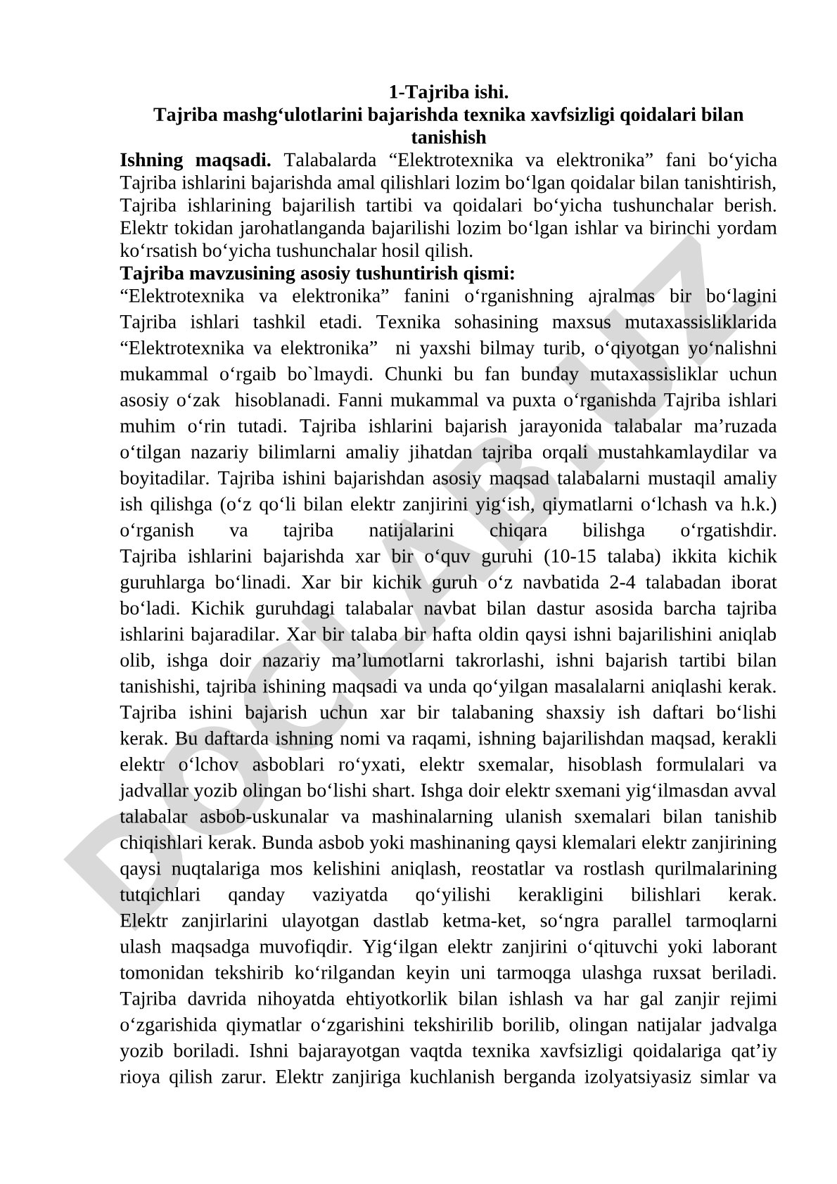 Tajriba mashg‘ulotlarini bajarishda texnika xavfsizligi qoidalari bilan tanishish