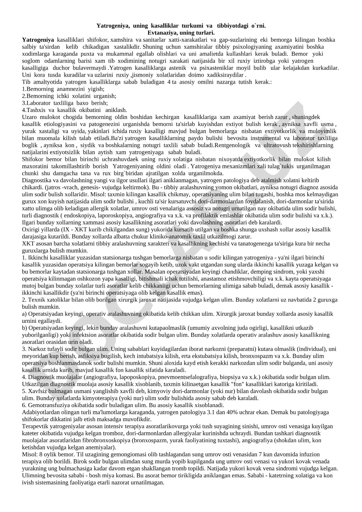 Yatrogeniya, uning kasalliklar turkumi va tibbiyotdagi o'rni