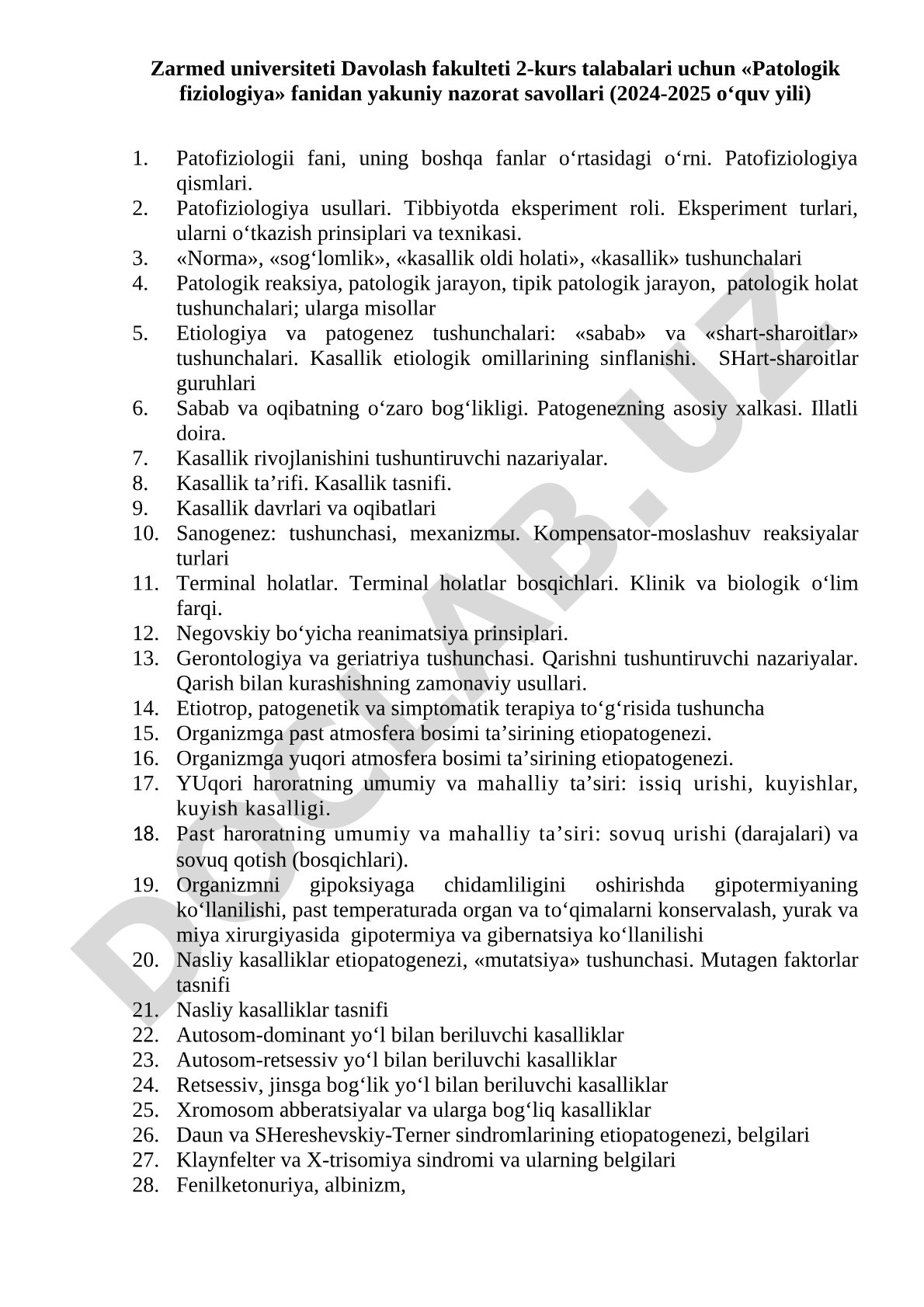 Patologik fiziologiya fanidan yakuniy nazorat savollari